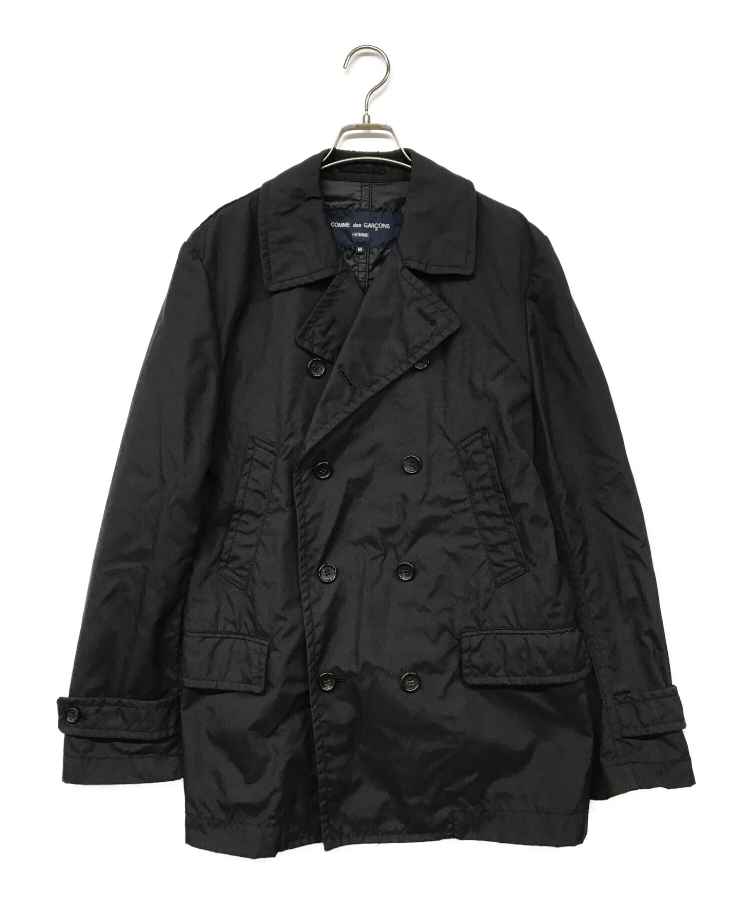 COMME des GARCONS HOMME (コムデギャルソン オム) パッカリング加工 ナイロン トレンチ ショート Pコート ブラック  サイズ:M