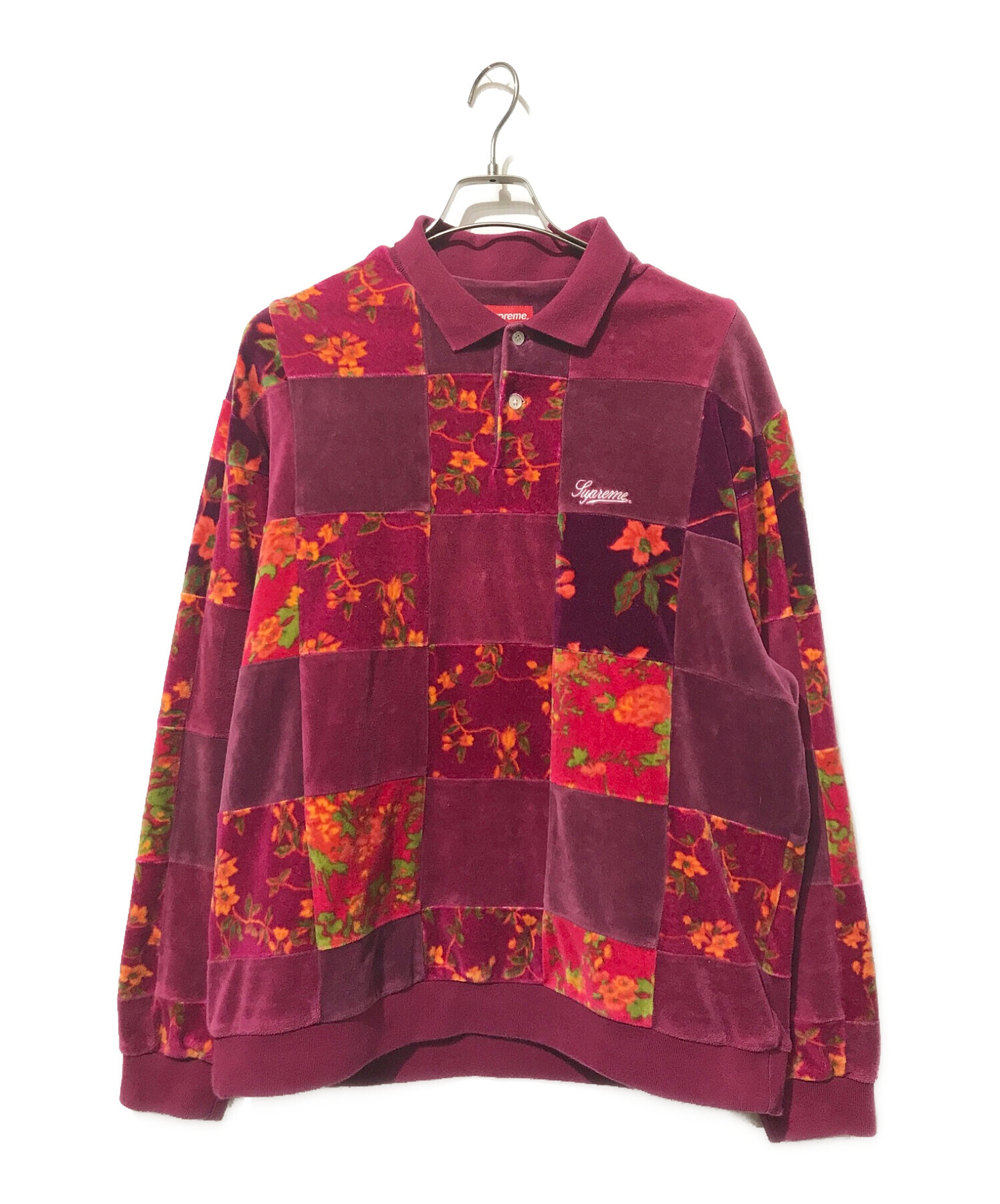 SUPREME (シュプリーム) Floral Patchwork Velour L/S Polo/ベロアポロシャツ パープル サイズ:M