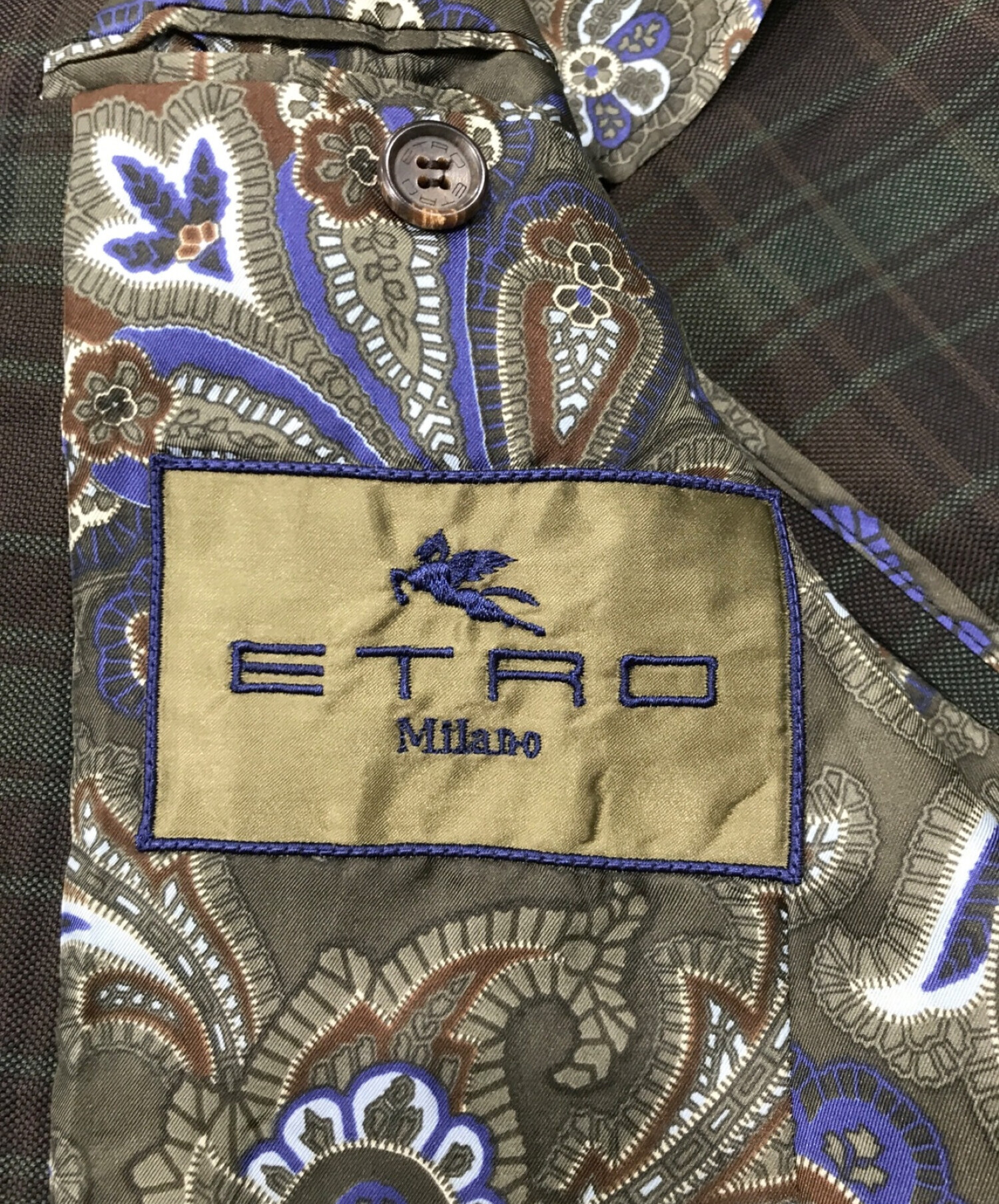 ETRO (エトロ) ペイズリーライナーシングルボタンチェックジャケット グリーン×ブラウン サイズ:50