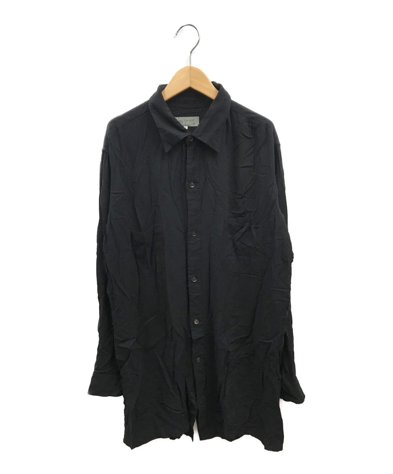 Yohji Yamamoto POUR HOMME ヨウジヤマモト プールオム 19SS HH-D20-314 リネン ギャザー 半袖 ロングシャツ ブラック
