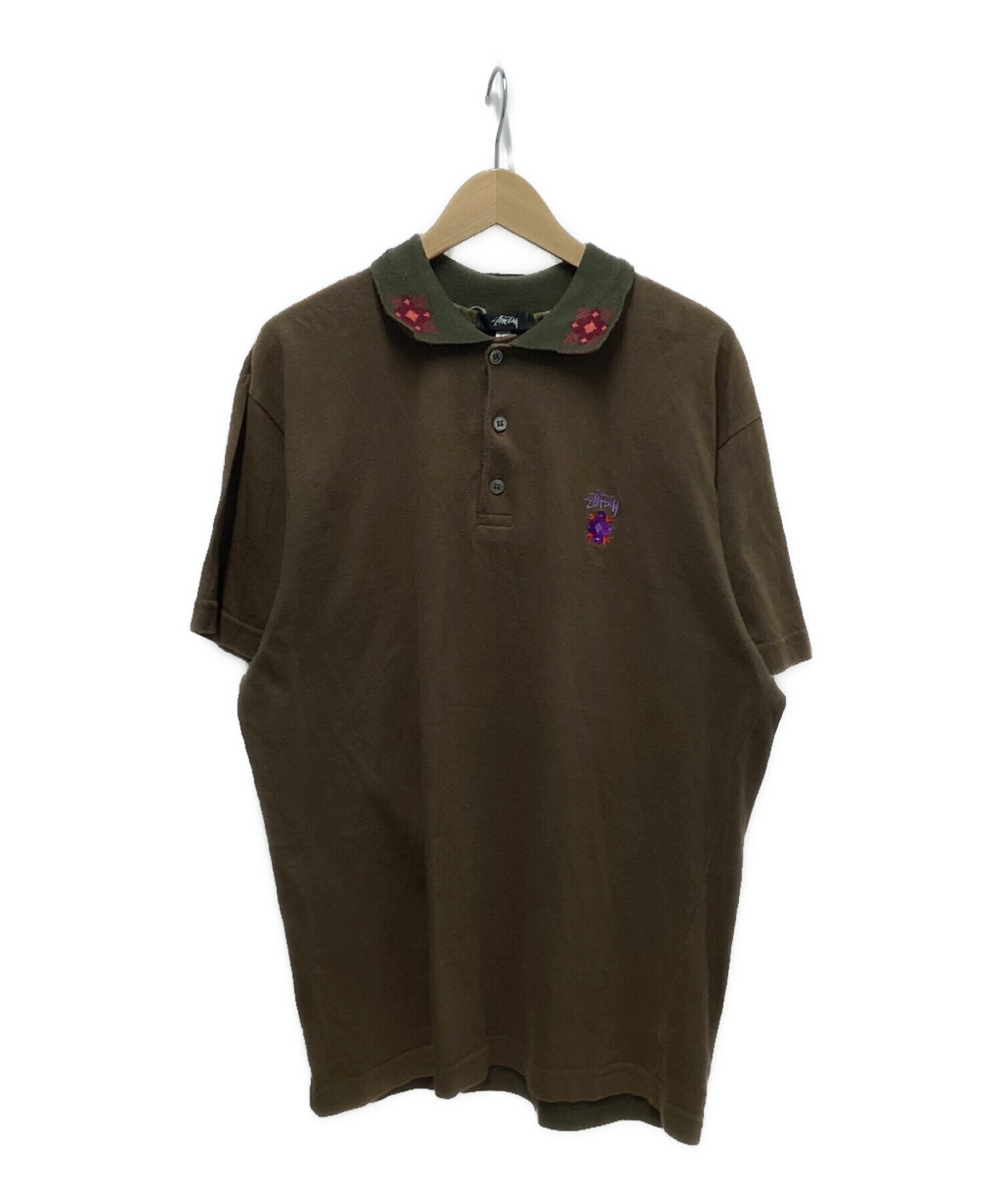 OLD STUSSY (オールドステューシー) 80’S ロゴ刺繍ポロシャツ ブラウン サイズ:L