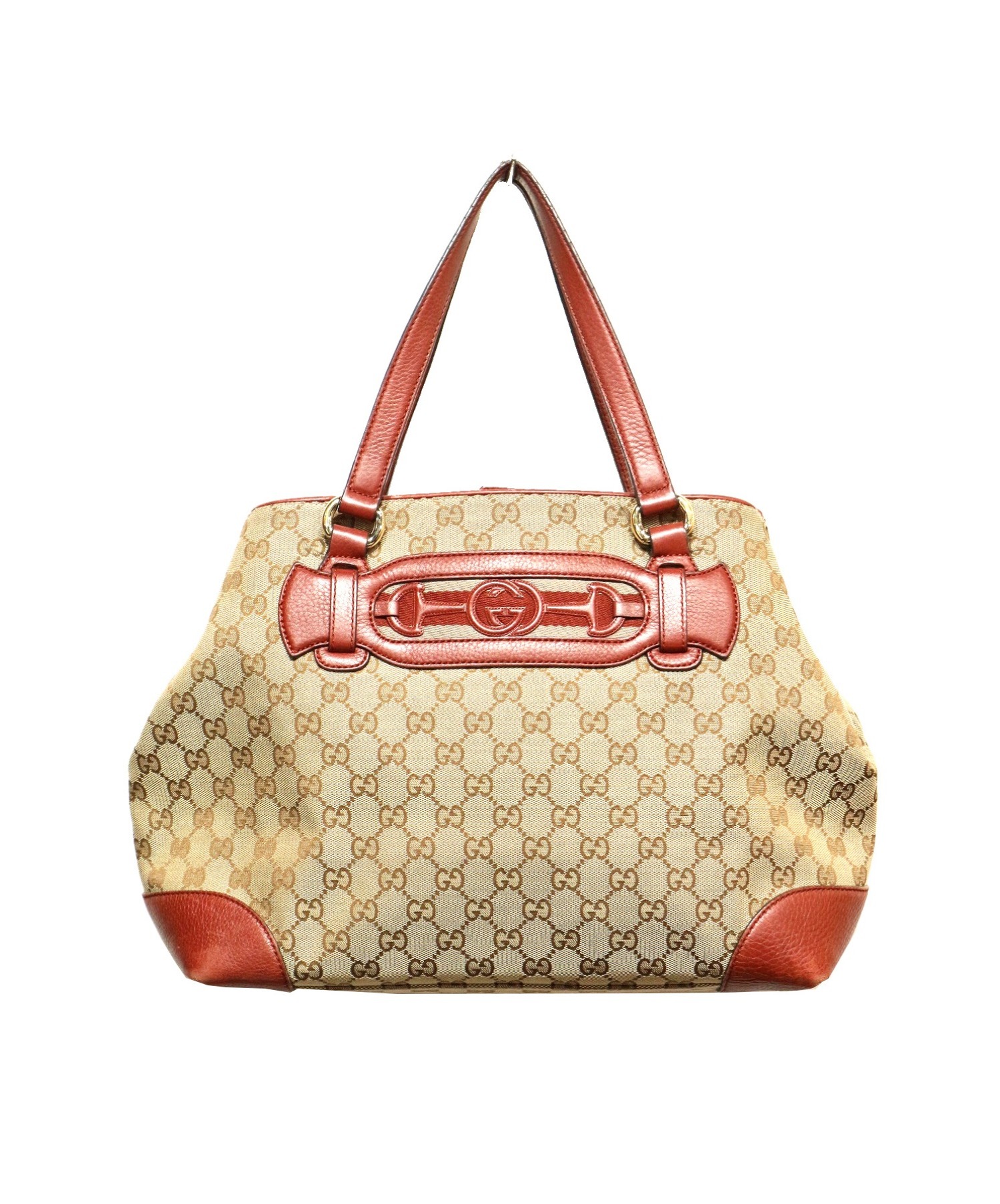 GUCCI (グッチ) キャンバストートバッグ ベージュ×レッド GG 296850 525040 程度B  ハンドルダメージ・ヨゴレ・角スレ・内部ヨゴレ有