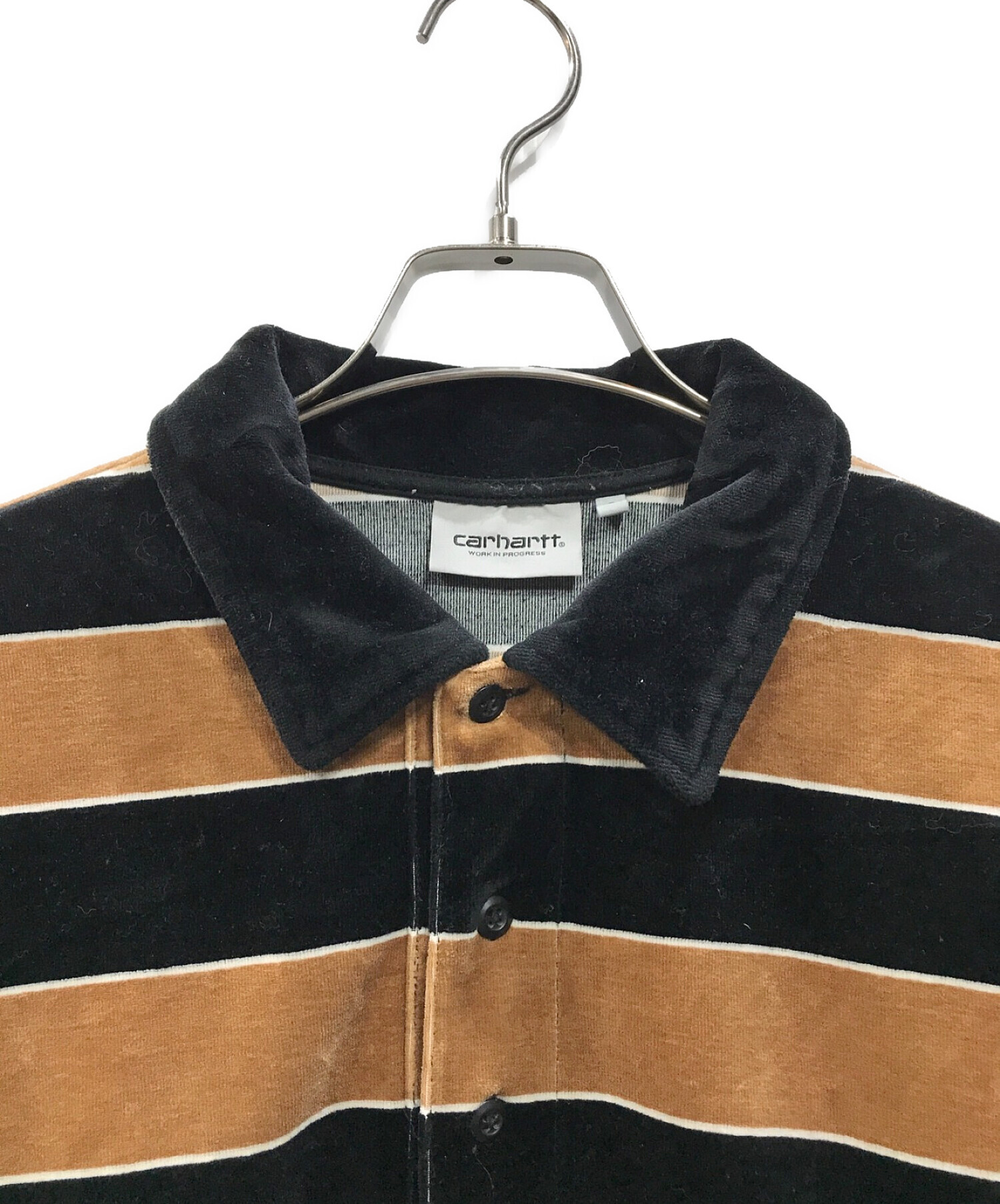 CarHartt (カーハート) L/S BILLS RUGBY SHIRT ベロアボーダーポロシャツ ブラック×ブラウン サイズ:S