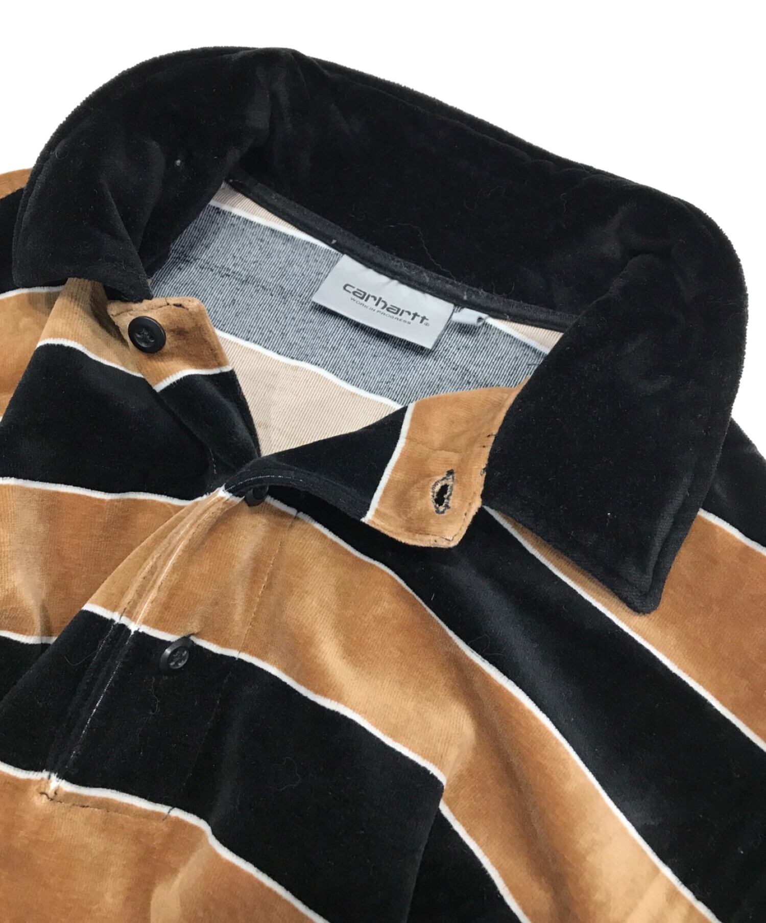 CarHartt (カーハート) L/S BILLS RUGBY SHIRT ベロアボーダーポロシャツ ブラック×ブラウン サイズ:S