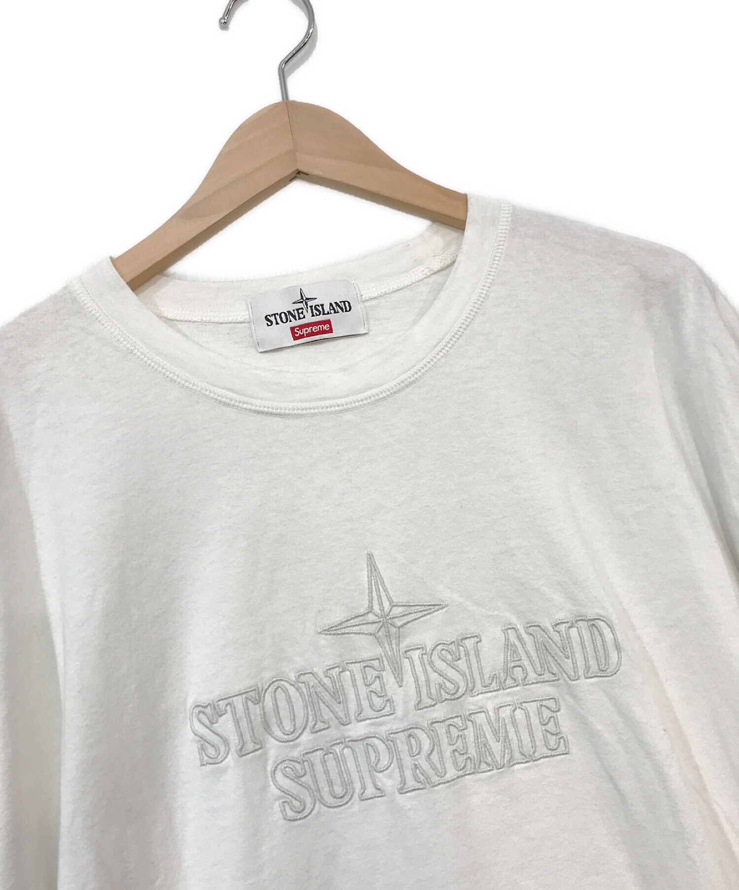 supreme×stone island (シュプリーム×ストーンアイランド) EMBROIDERED LOGO S/S  TOP(エンブロイダリーロゴTシャツ) ホワイト サイズ:L
