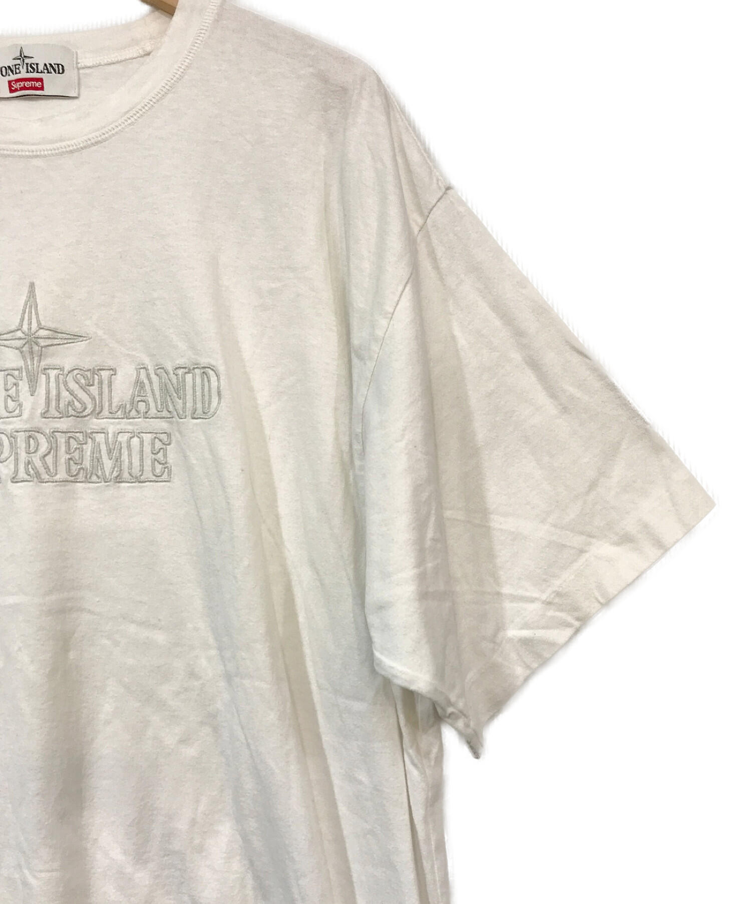 supreme×stone island (シュプリーム×ストーンアイランド) EMBROIDERED LOGO S/S  TOP(エンブロイダリーロゴTシャツ) ホワイト サイズ:L