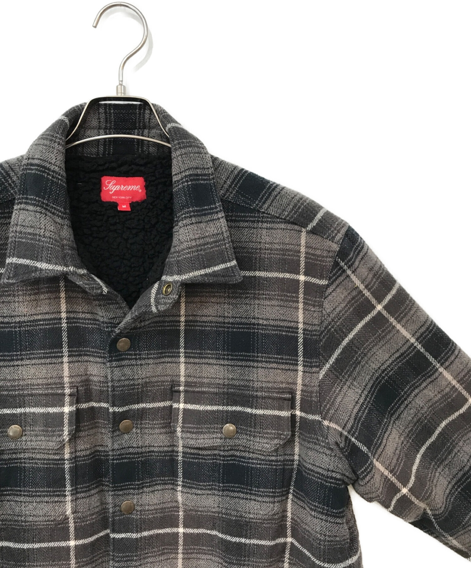 Supreme (シュプリーム) Shearling Lined Flannel Shirt グレー×ブラック サイズ:M