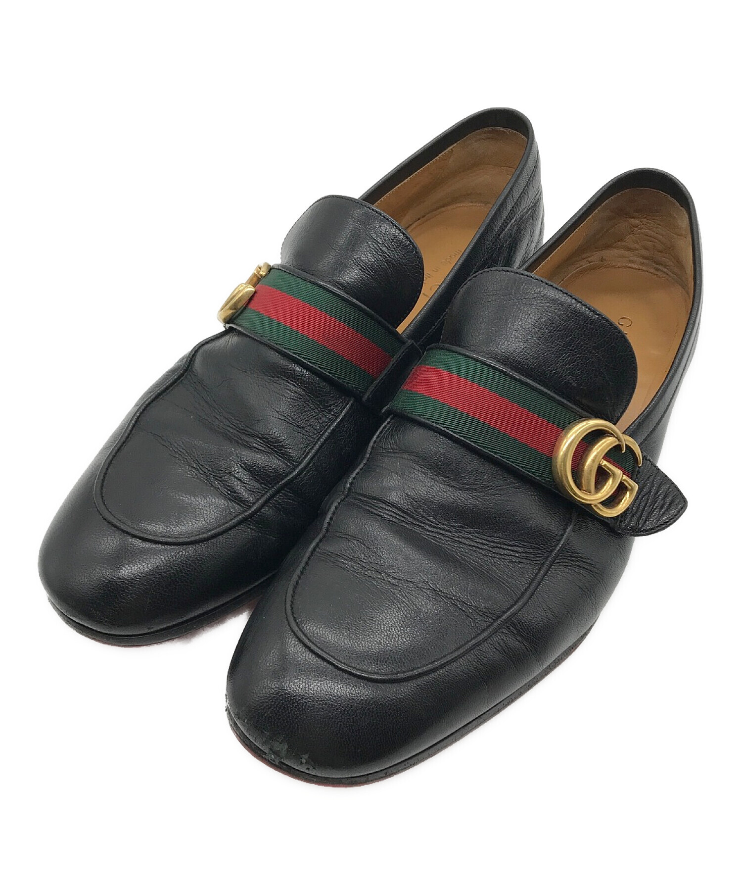 GUCCI (グッチ) ダブルGウェブ付レザーローファー ブラック サイズ:9 1/2