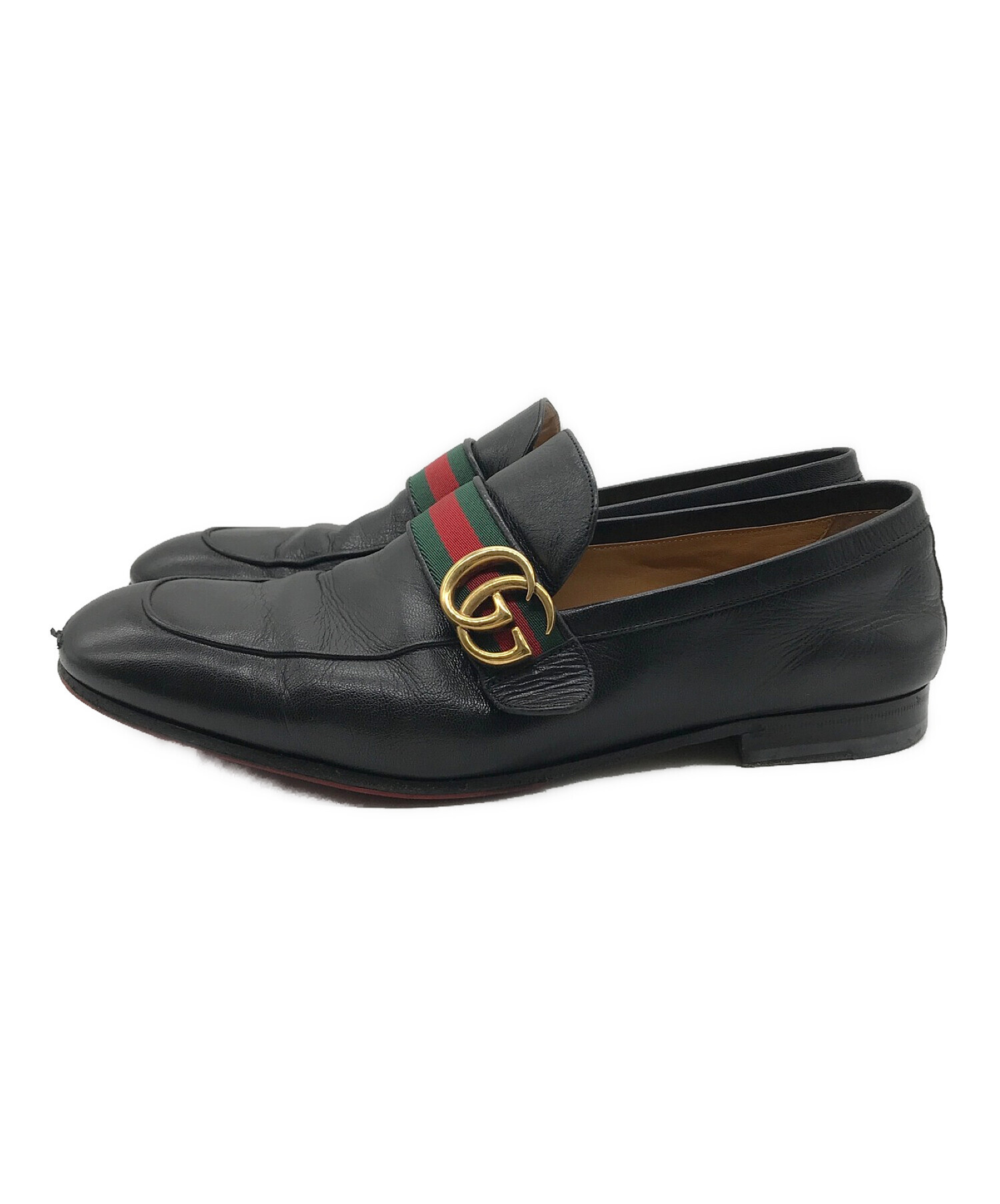 GUCCI (グッチ) ダブルGウェブ付レザーローファー ブラック サイズ:9 1/2