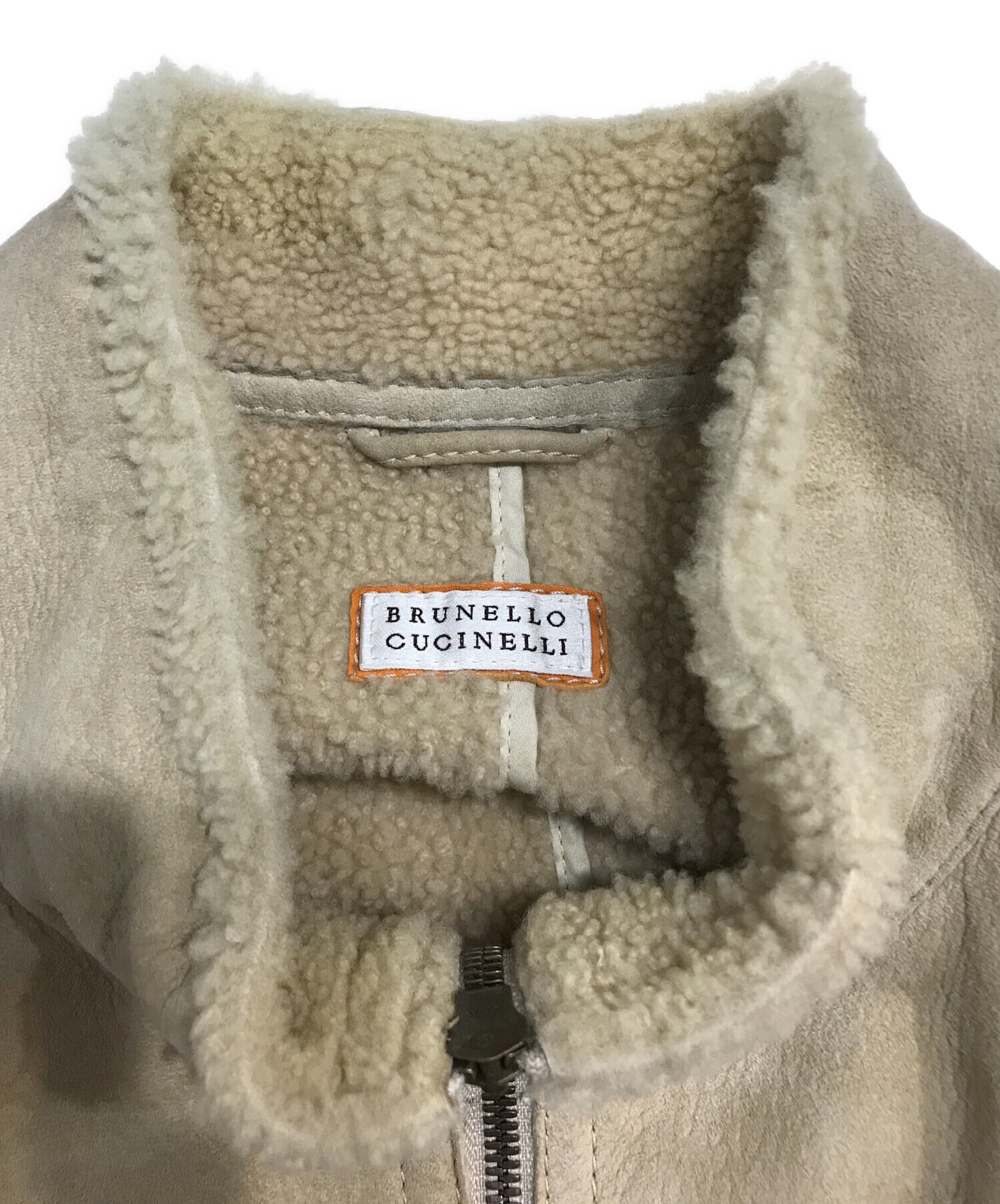 BRUNELLO CUCINELLI (ブルネロクチネリ) ムートン レザーシングルライダースジャケット ベージュ サイズ:L