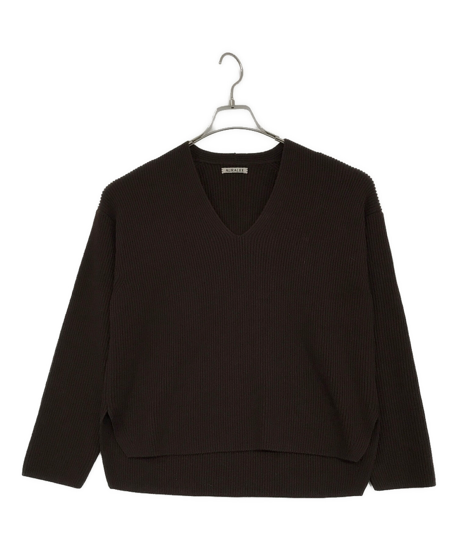 AURALEE SUPER FINE WOOL RIB KNIT V NECKブラウン - トップス