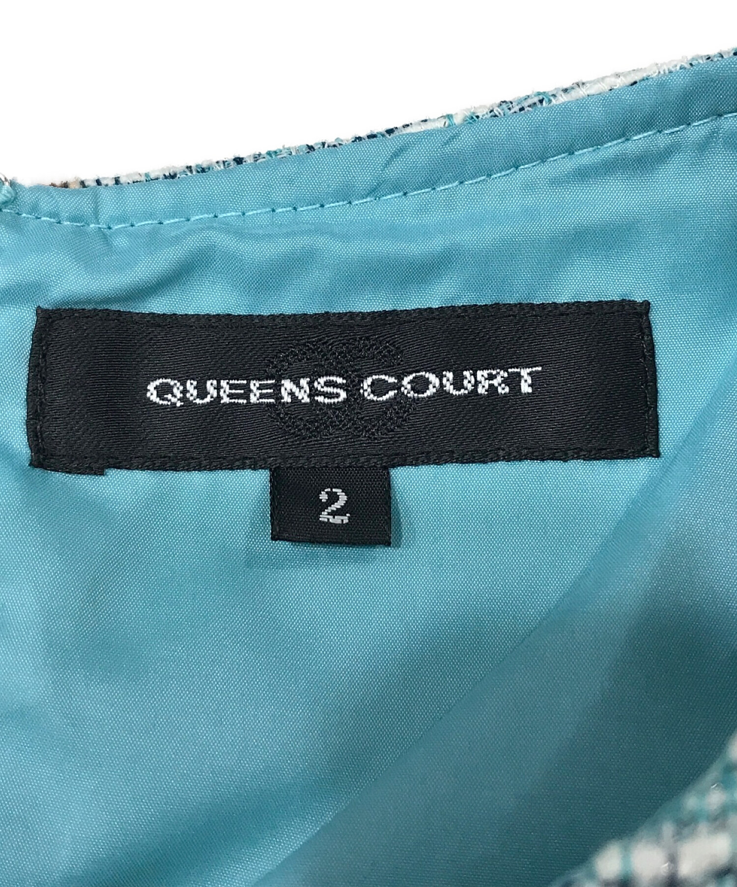 QUEENS COURT (クイーンズコート) バックレース配色切り替えツイードワンピース グリーン サイズ:2