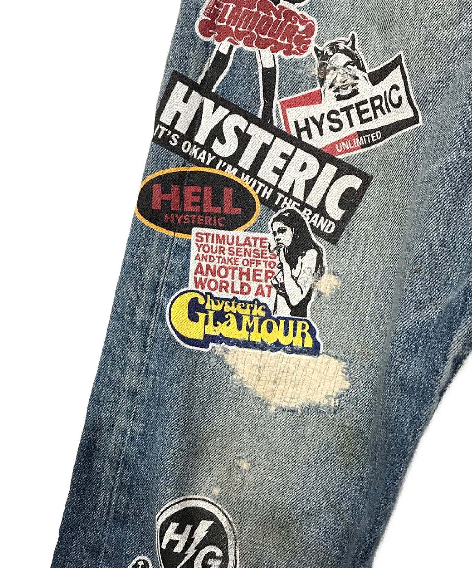 Hysteric Glamour (ヒステリックグラマー) HG STICKERS ステッカー プリント スリム ストレート デニム パンツ  インディゴ サイズ:31