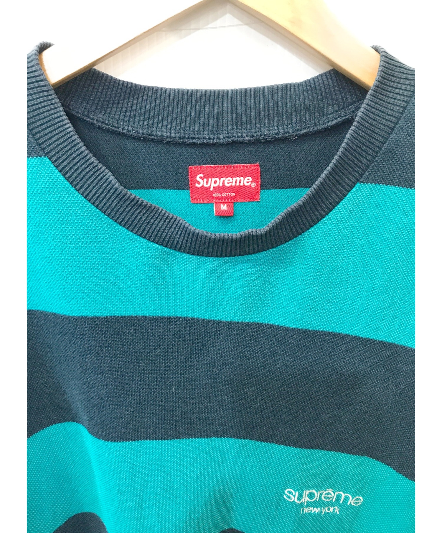 SUPREME (シュプリーム) Striped Pique Crewneck グリーン×ネイビー サイズ:M