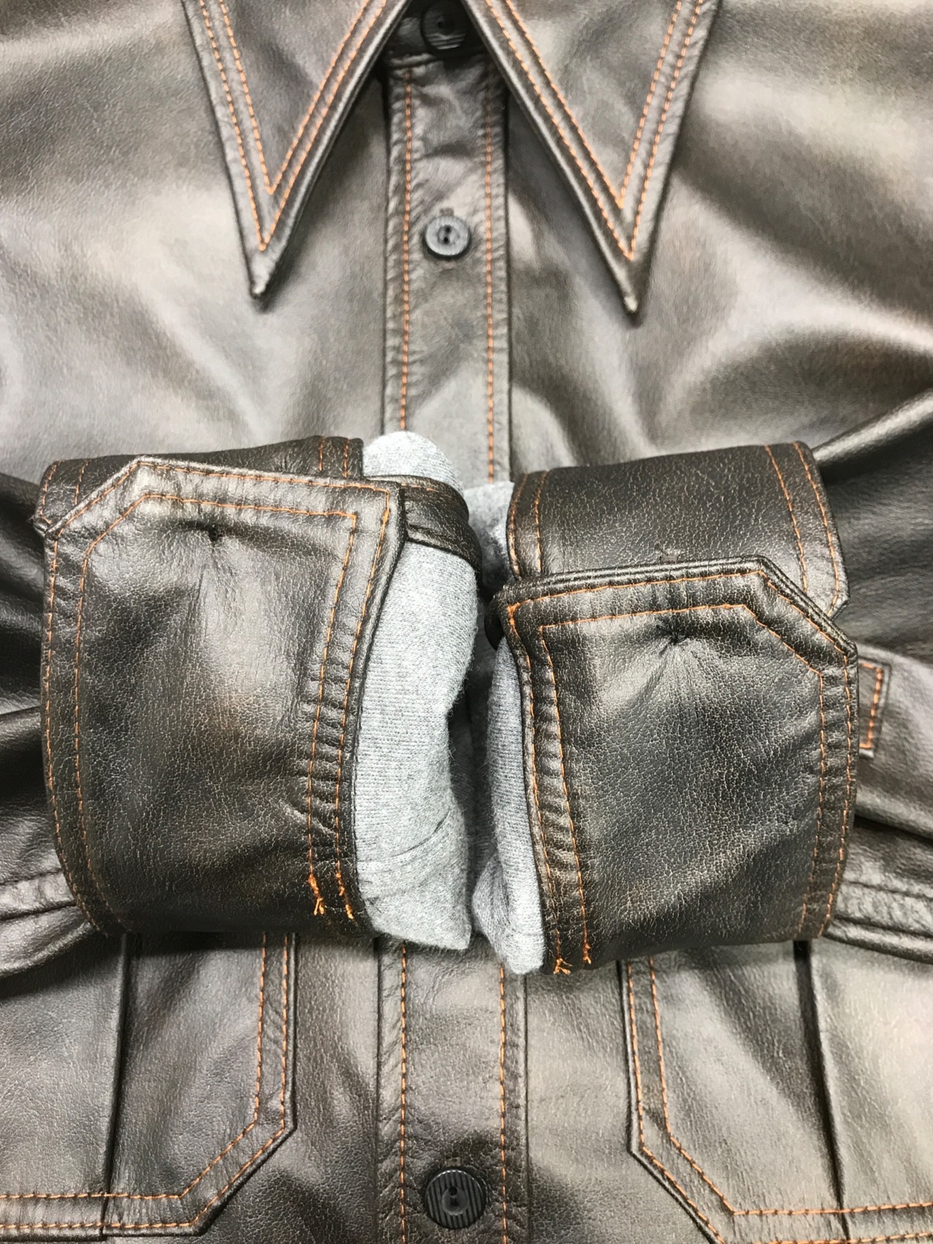 RICE NINE TEN (ライスナインテン) VEGAN LEATHER DOUBLE STITCH SHIRT ブラウン サイズ:2