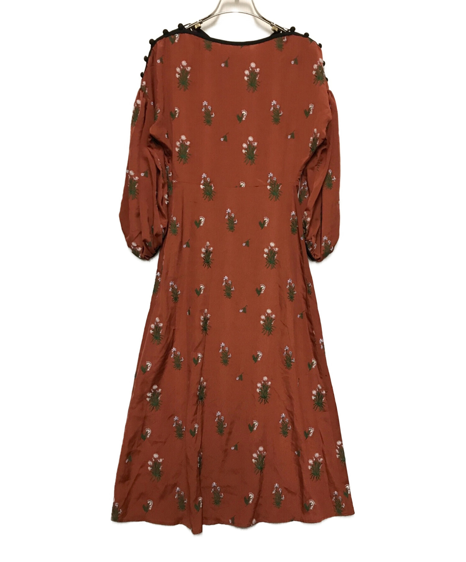Mame Kurogouchi (マメクロゴウチ) Pedicel Embroidery Puff Sleeve Dress ブラウン サイズ:2