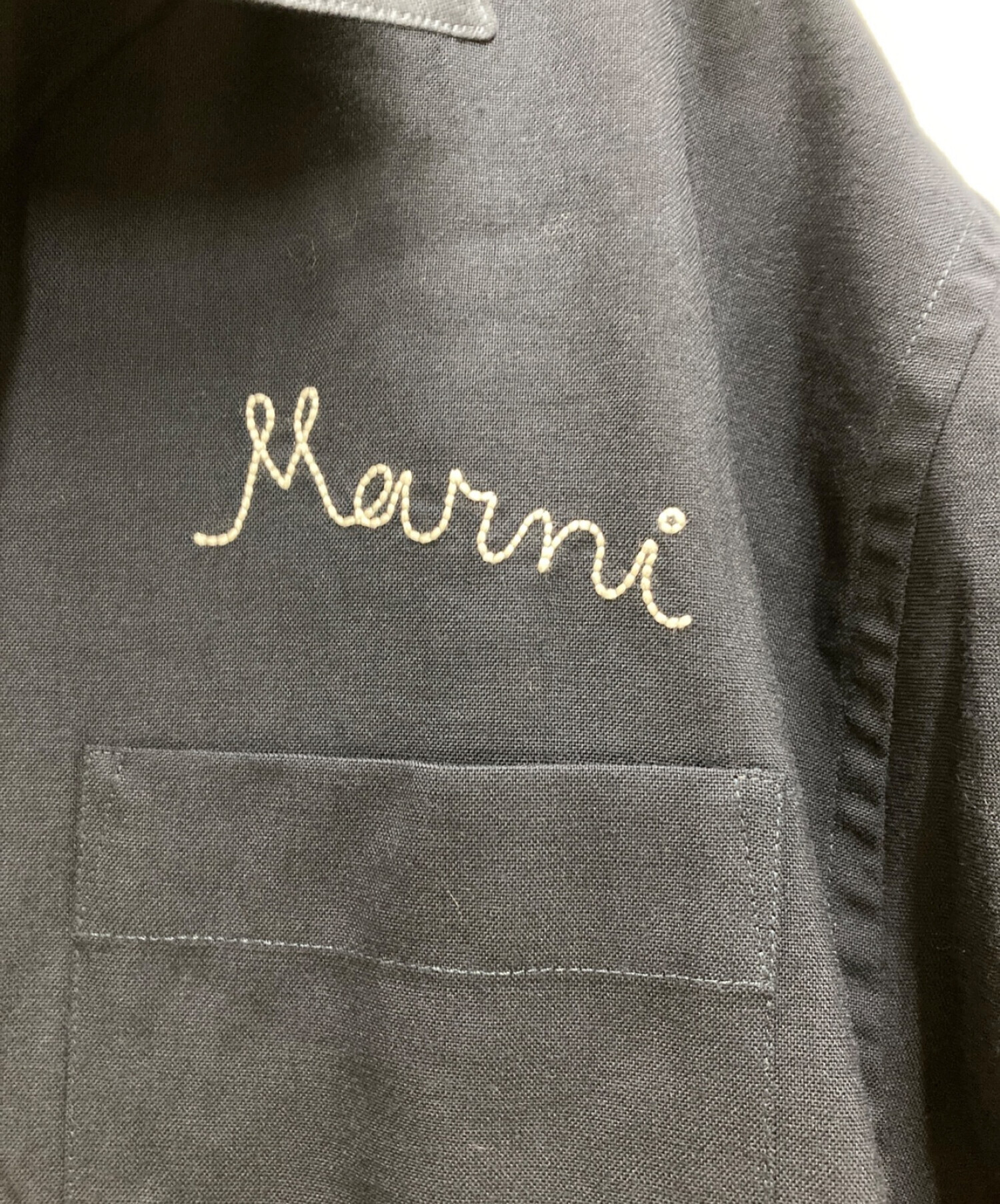 MARNI (マルニ) トロピカルウールロゴ刺繍オープンカラーシャツ ネイビー サイズ:46