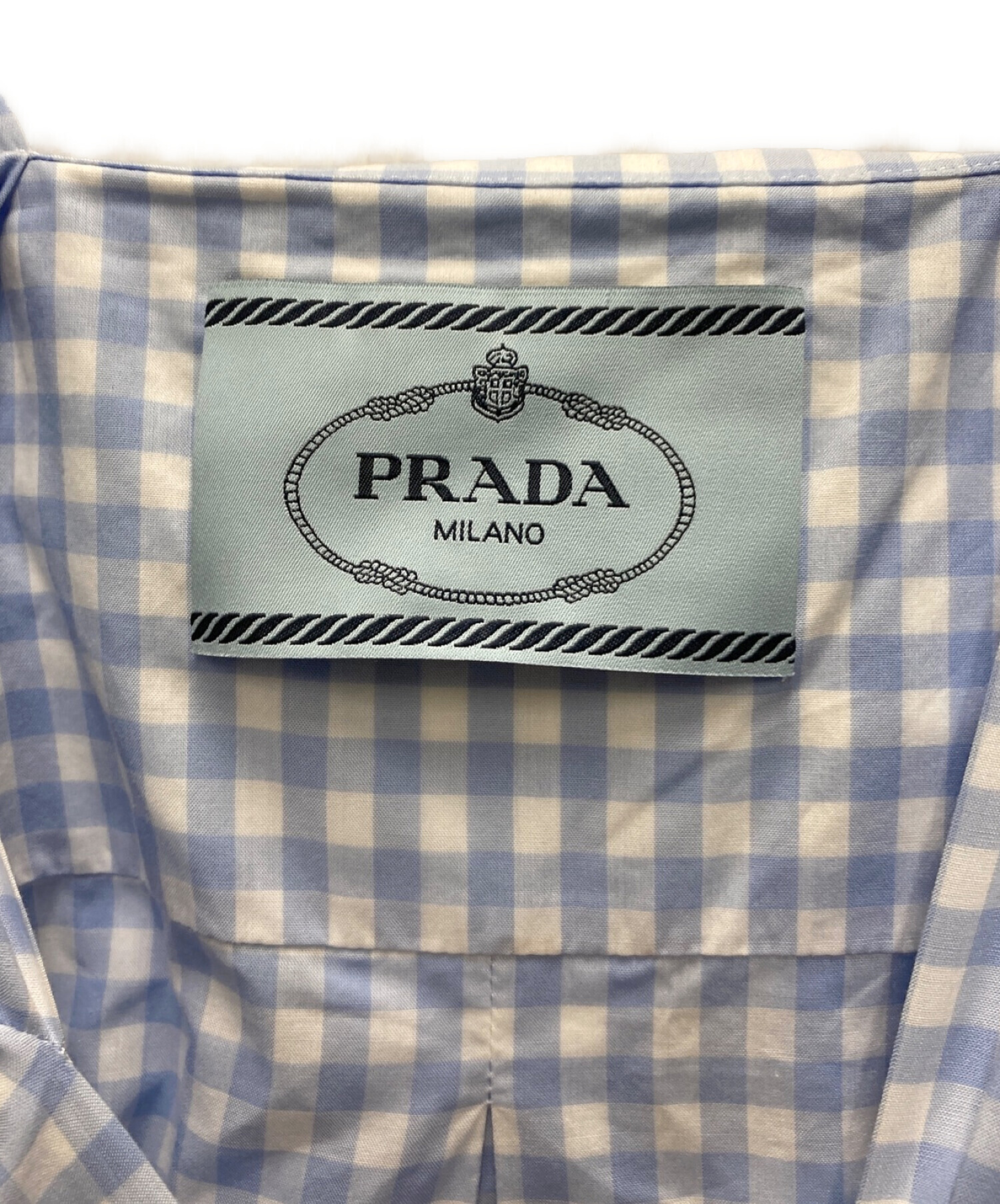 PRADA (プラダ) ギンガムチェック オフショルダー シャツ ワンピース ブルー サイズ:36