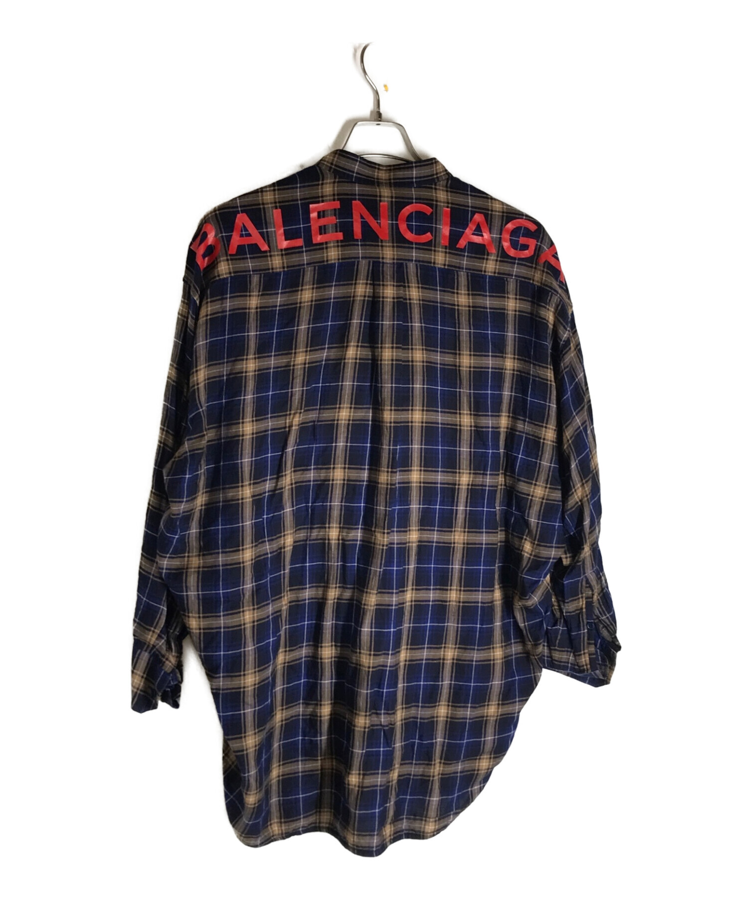BALENCIAGA (バレンシアガ) バックロゴオーバーチェックシャツ ネイビー×ベージュ サイズ:34