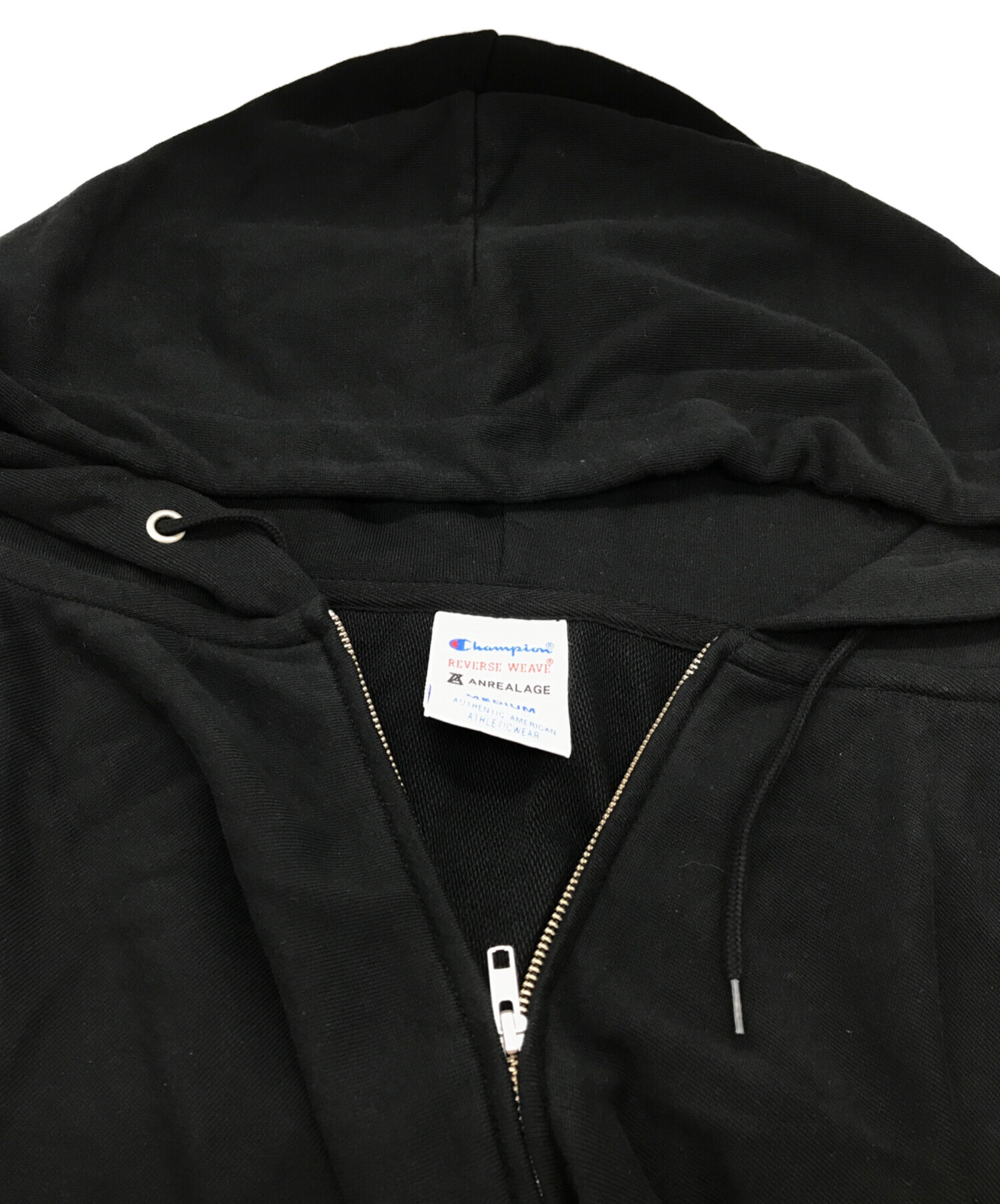 ANREALAGE×Champion (アンリアレイジ チャンピオン) コラボビッグジップパーカー C8-V109 150% REVERSE  WEAVE ZIP HOODED SWEATSHIRT ブラック サイズ:M