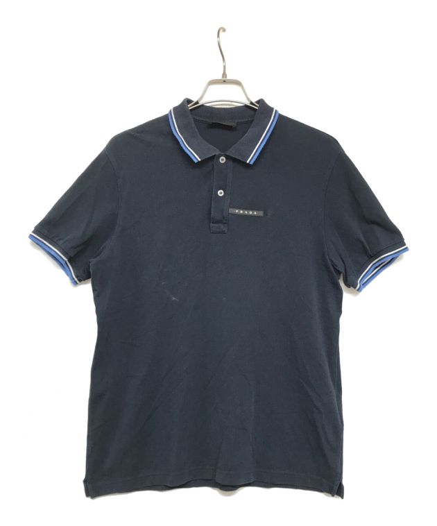 PRADA (プラダ) ポロシャツ ロゴポロシャツ ロゴプレート ネイビー×ブルー サイズ:XL