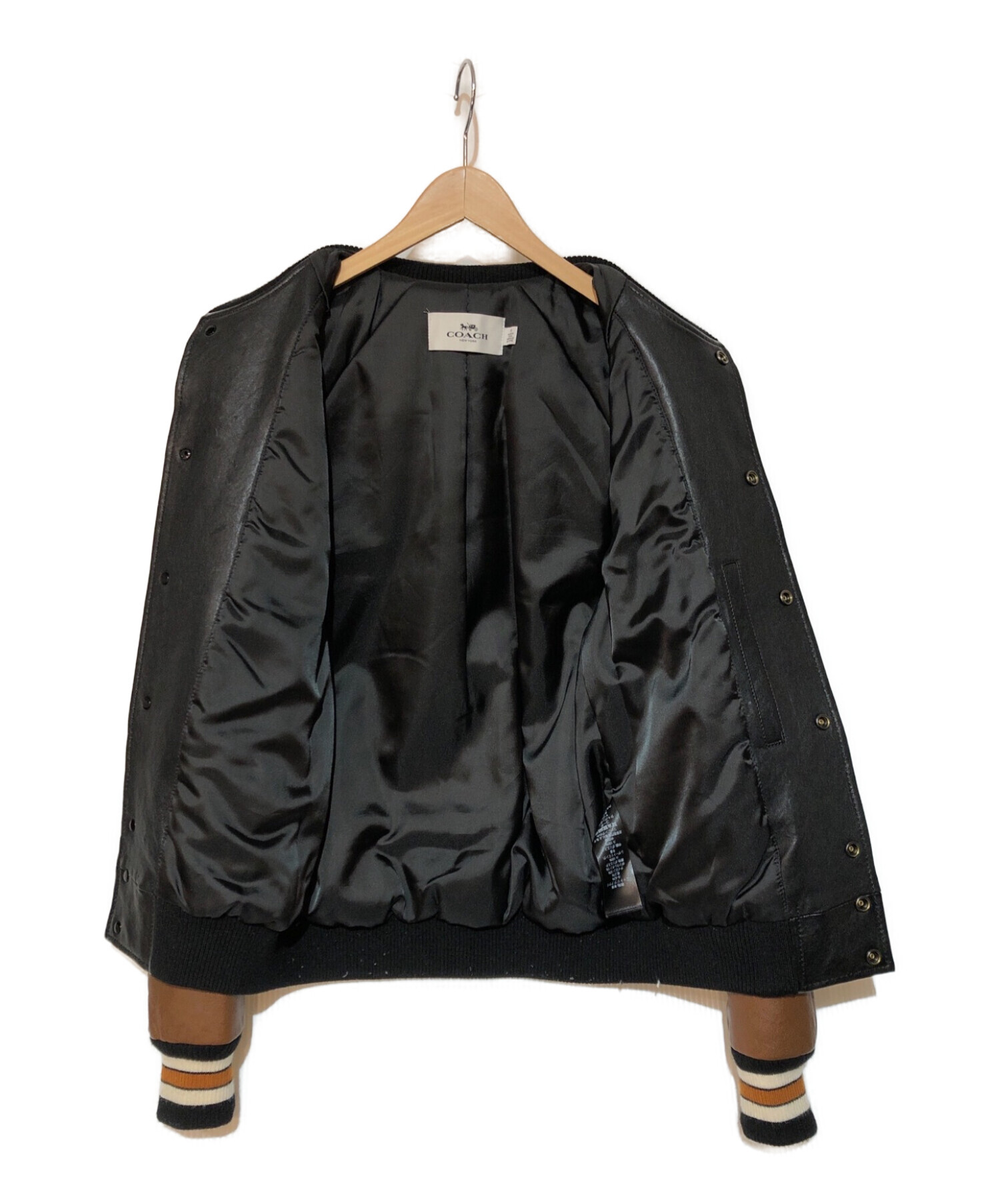 COACH (コーチ) LEATHER VARSITY JACKET レザースリーブスタジャン レザージャケット ブラウン×ブラック サイズ:XS