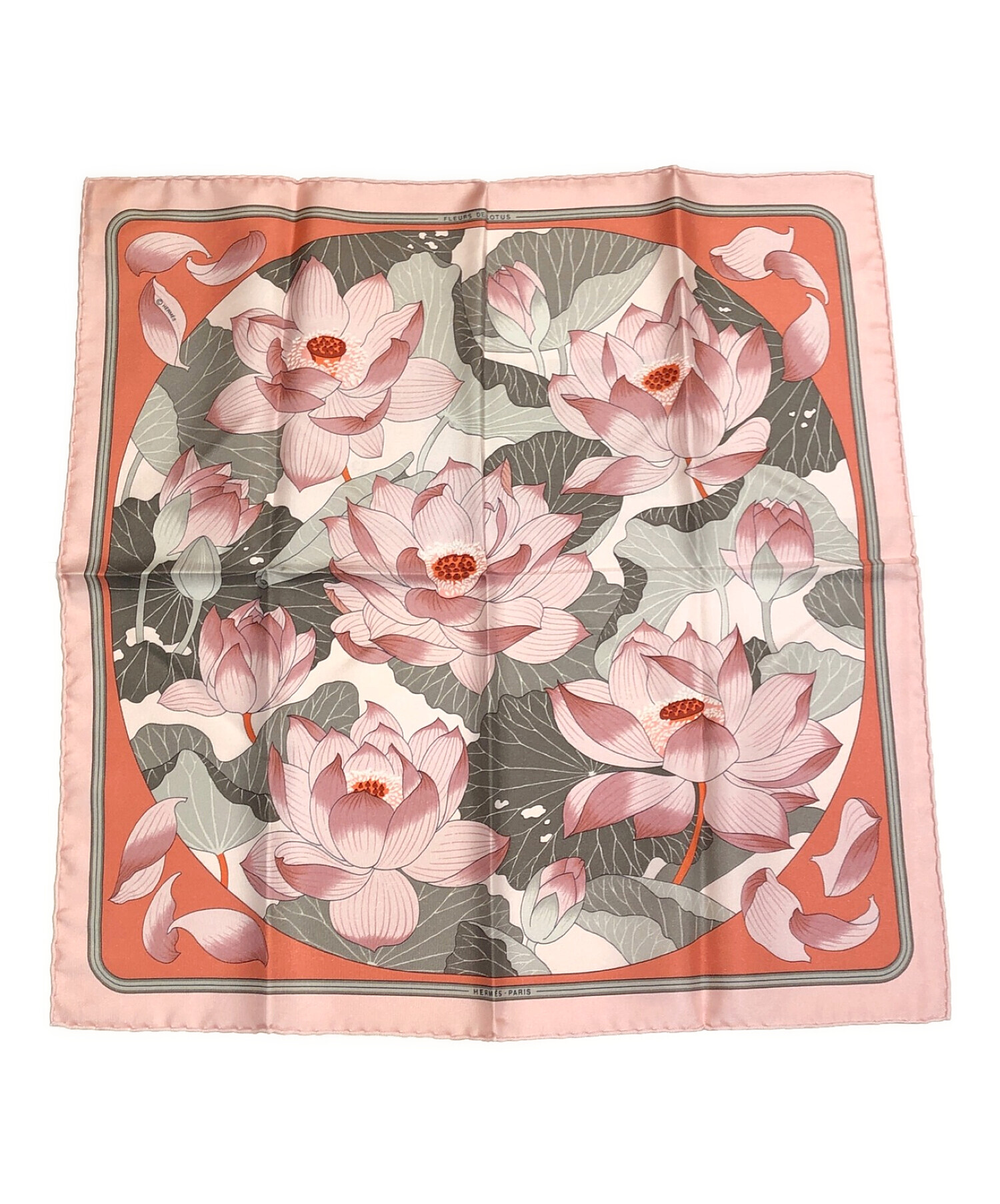 HERMES (エルメス) シルクスカーフ プチ カレ 45 FLEURS DE LOTUS 蓮の花 ピンク