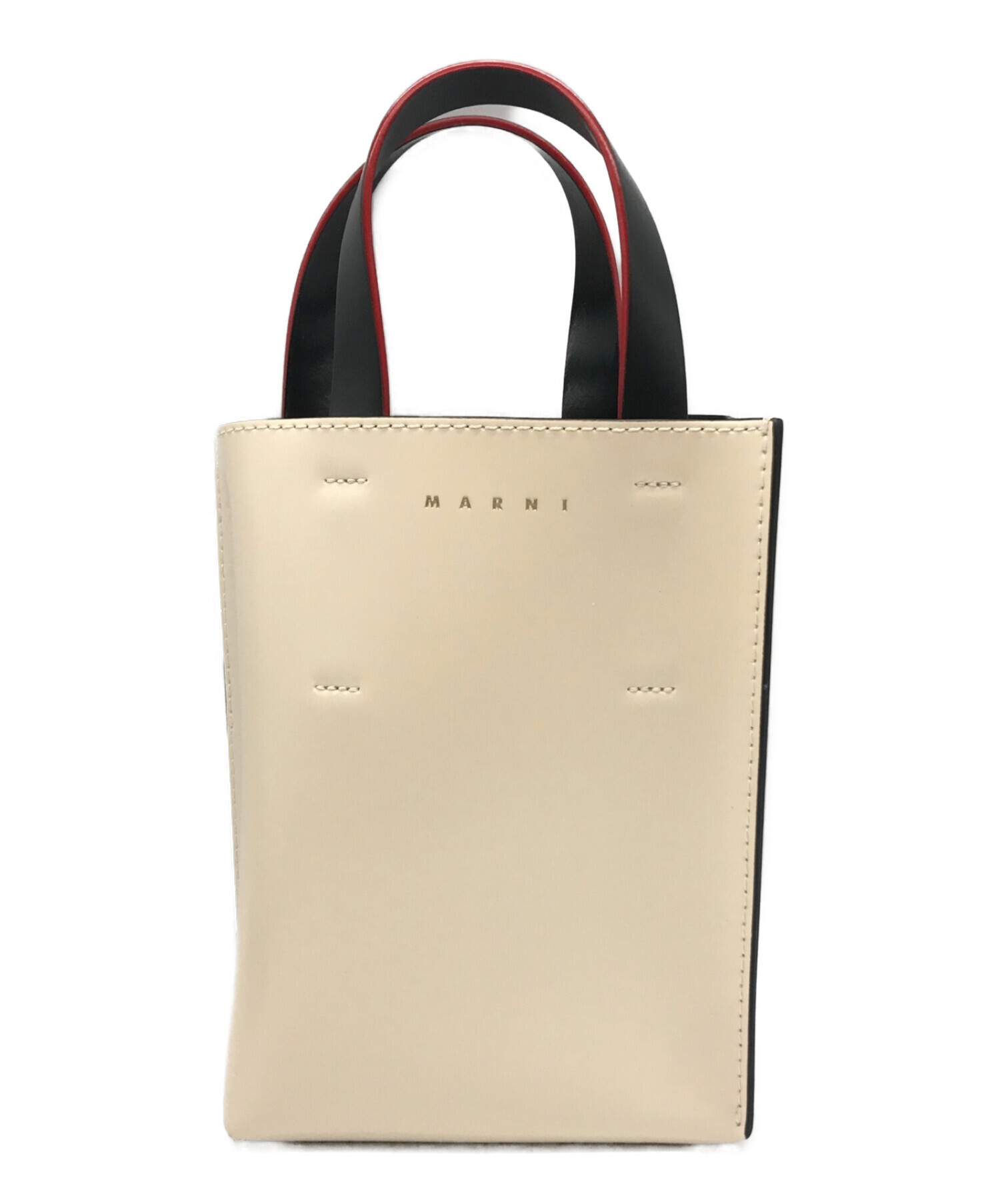 【美品】  MARNI / マルニ | 2way MUSEO SMALL ミュゼオ シャイニー＆スムースカーフスキン ショッピング ハンド バッグ ショルダー・巾着袋付き | ‐ | ネイビー/オレンジ | レディース