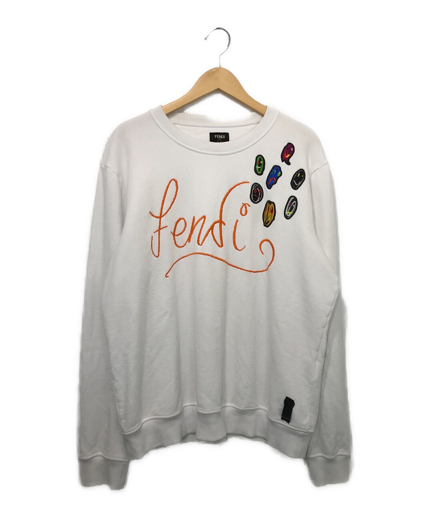 FENDI (フェンディ) ロゴ刺繍 クルーネック裏起毛スウェットトレーナー ホワイト サイズ:XL