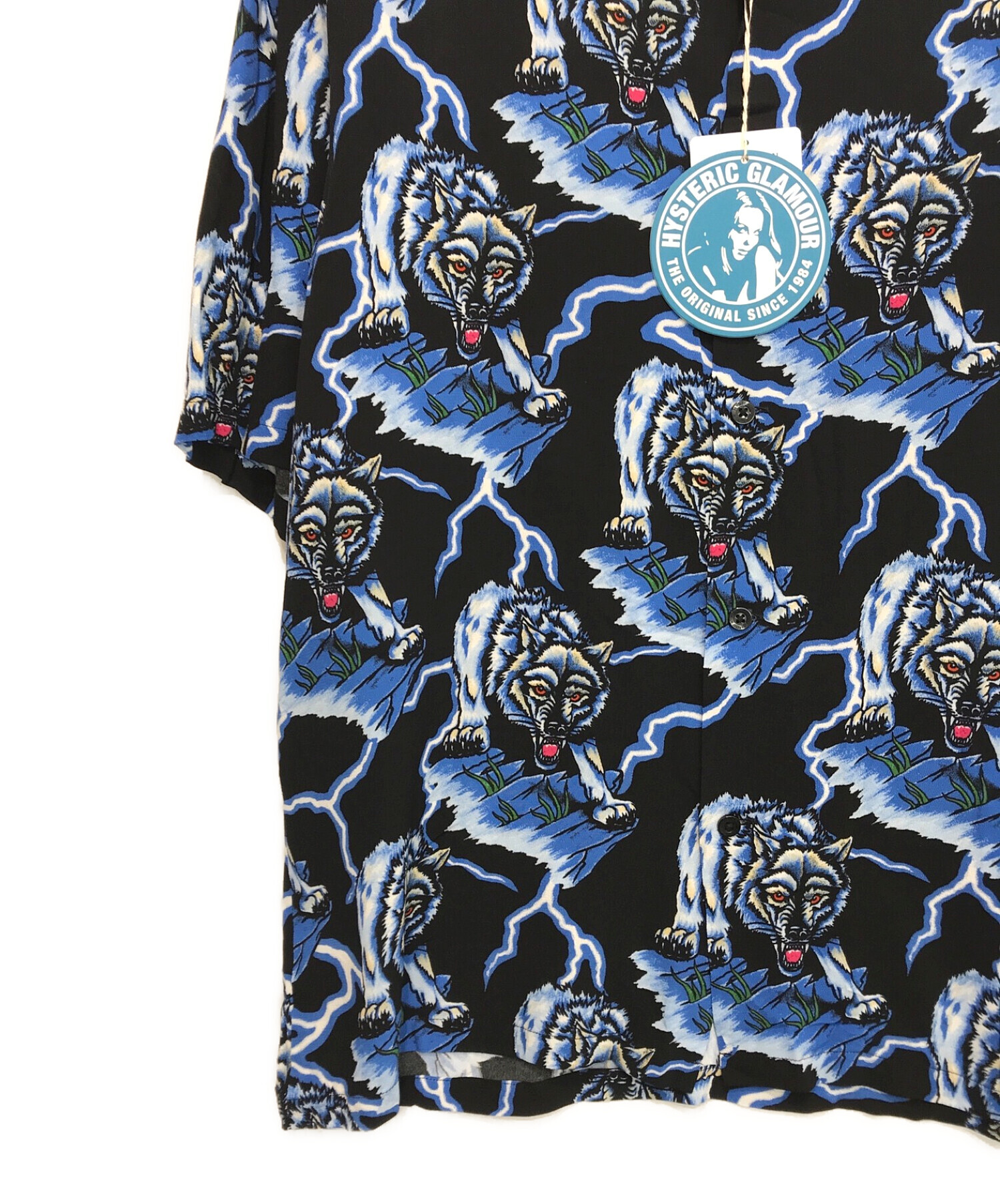 Hysteric Glamour (ヒステリックグラマー) WOLF AND LIGHTNING柄 アロハシャツ ブラック×ブルー サイズ:XL