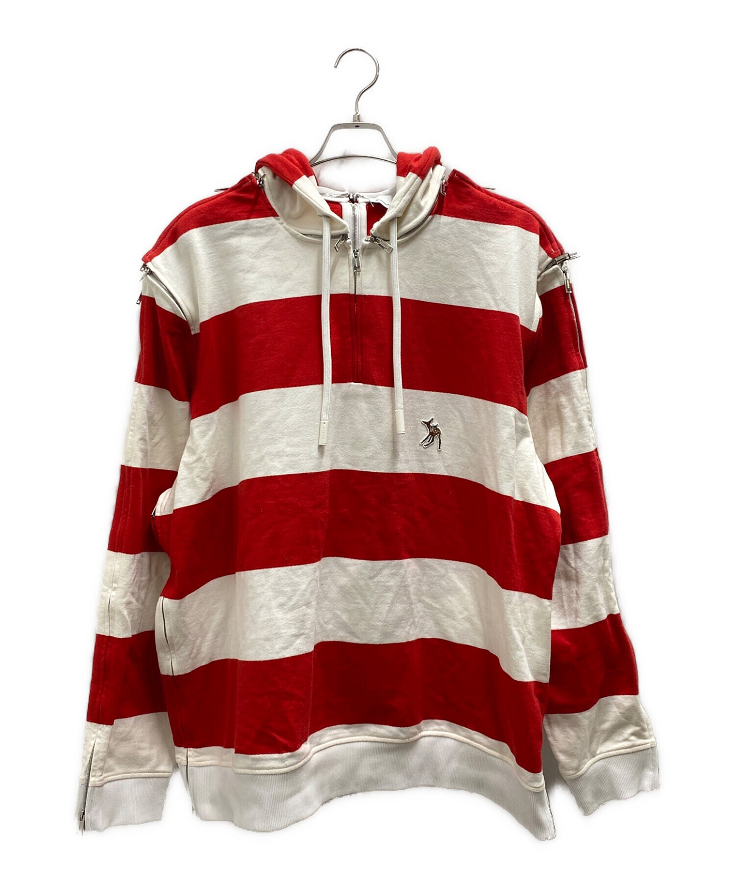 BURBERRY LONDON (バーバリー ロンドン) Red Zip Detail Striped Cotton Hoodie ホワイト×レッド  サイズ:XL