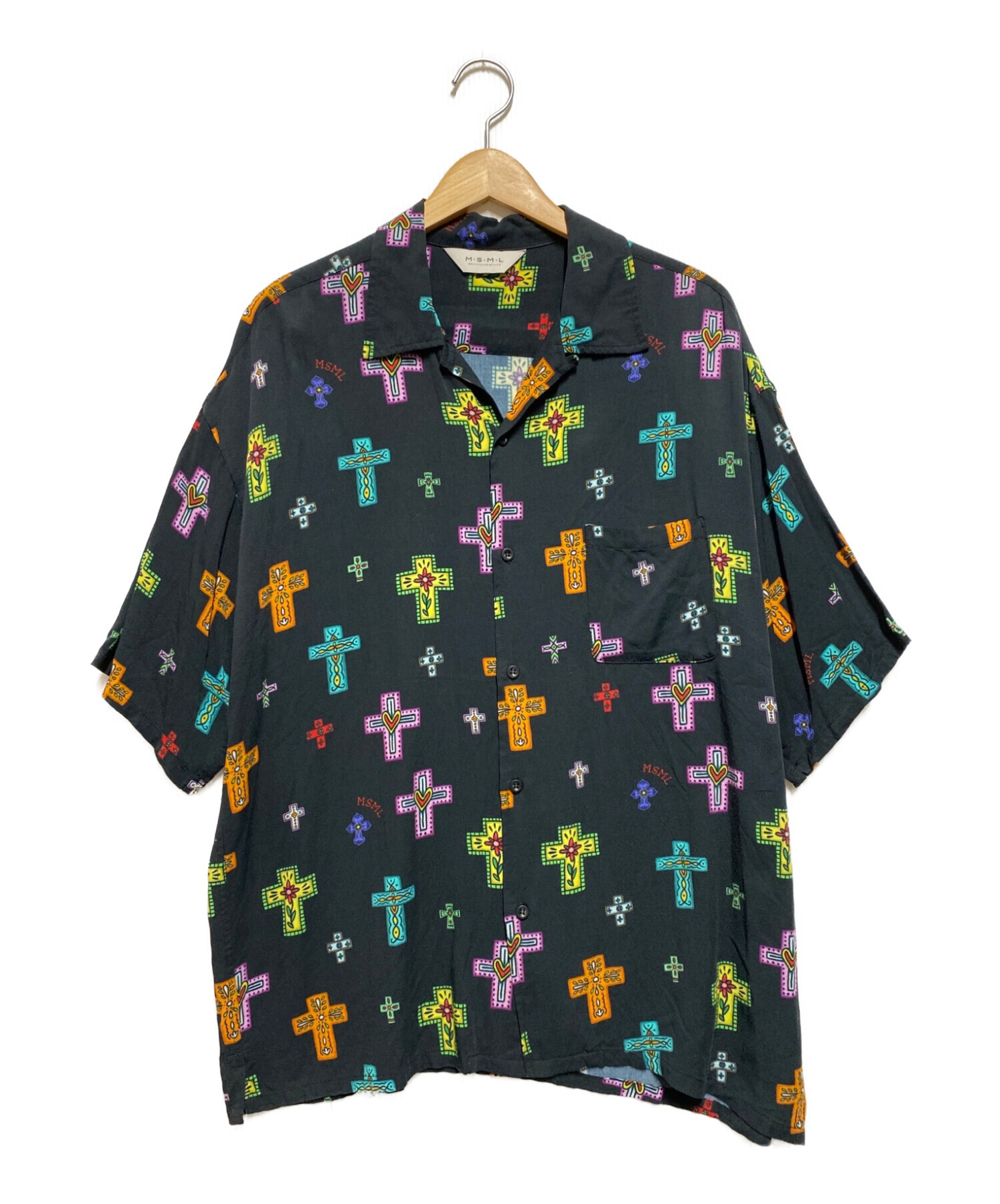 MSML (エムエスエムエル) CROSSES OPEN COLLAR SHORT SLEEVE SHIRT ブラック サイズ:XL