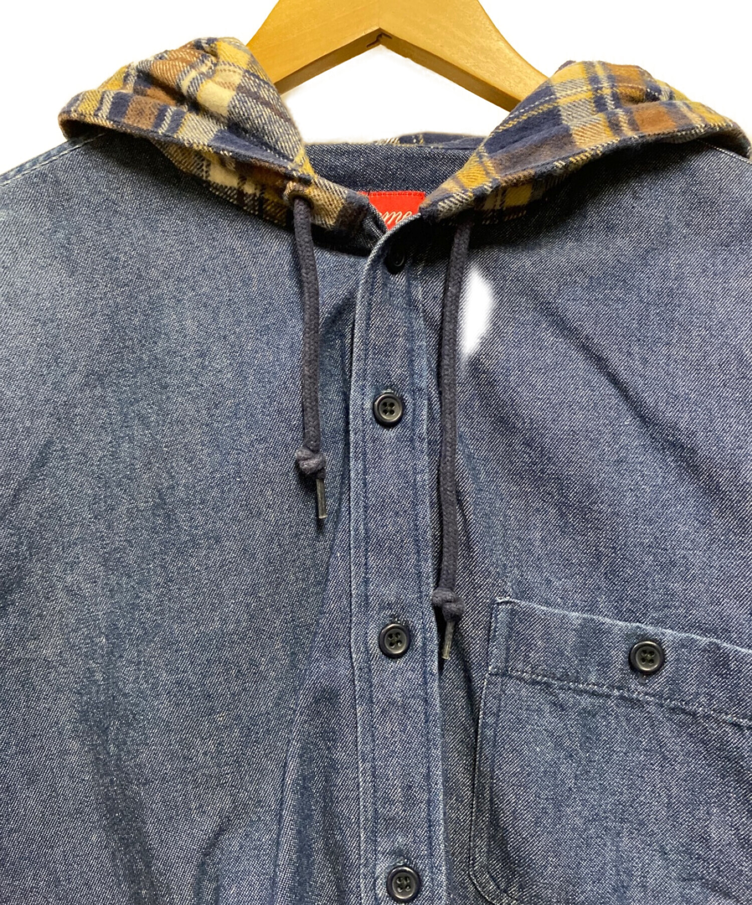 SUPREME (シュプリーム) Hooded Plaid Denim Shirt インディゴ サイズ:S