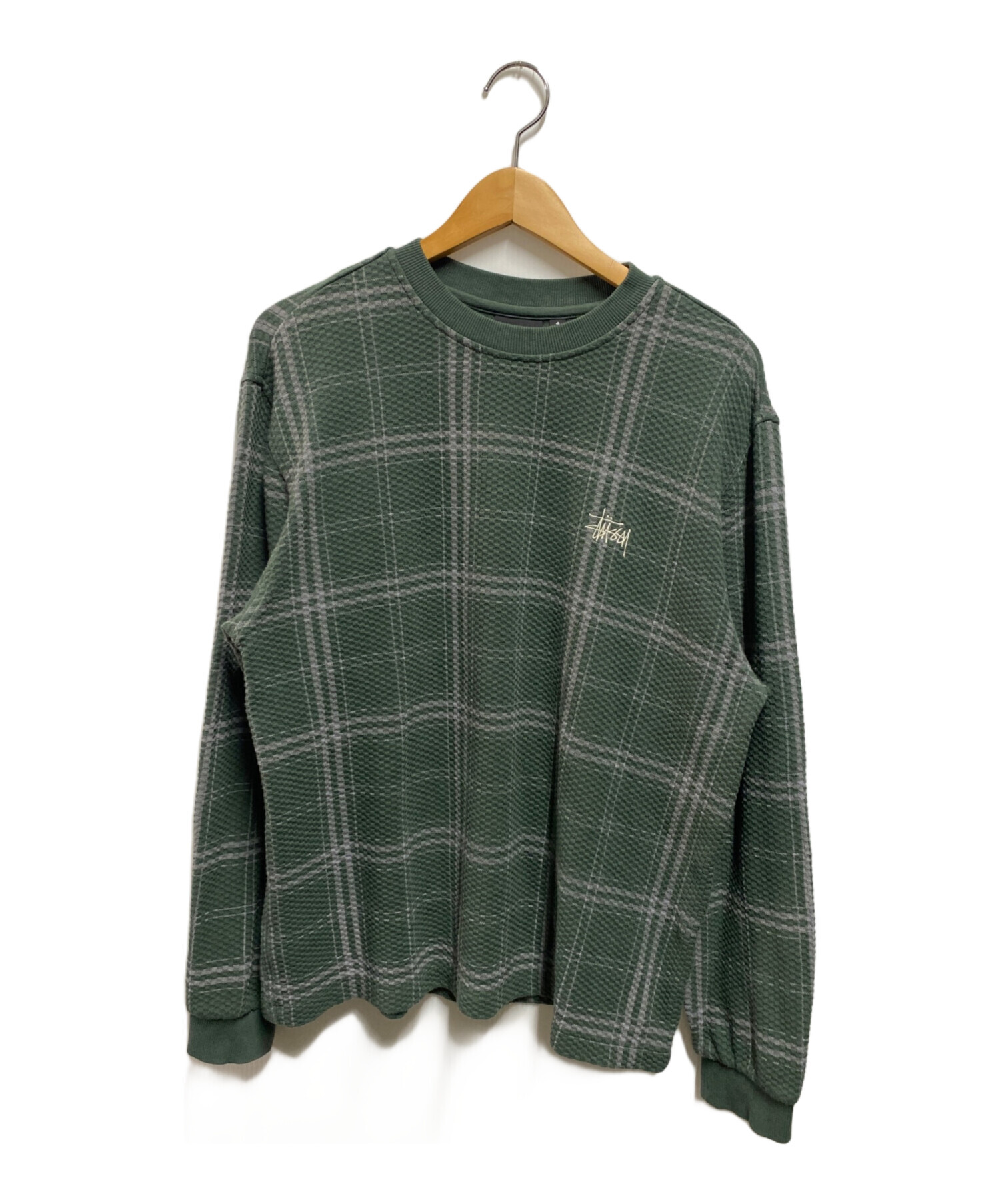 stussy (ステューシー) DISCHARGED PLAID WAFFLE CREW グリーン サイズ:S