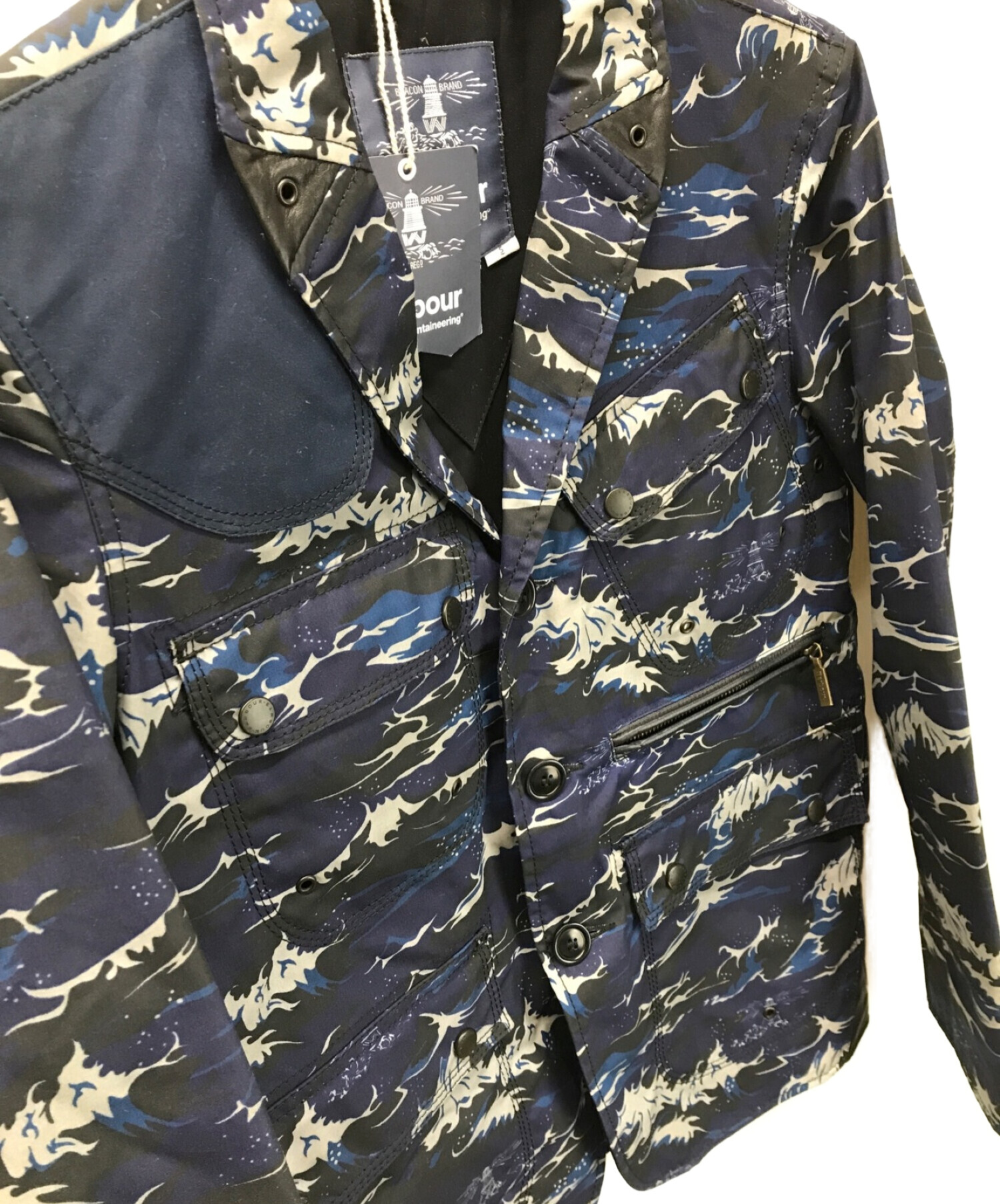 Barbour×white mountaineering (バブアー×ホワイトマウンテニアリング) WAVE PRINT LAPEL  JACKET/オイルドプリントテーラードジャケット ブルー サイズ:S 未使用品