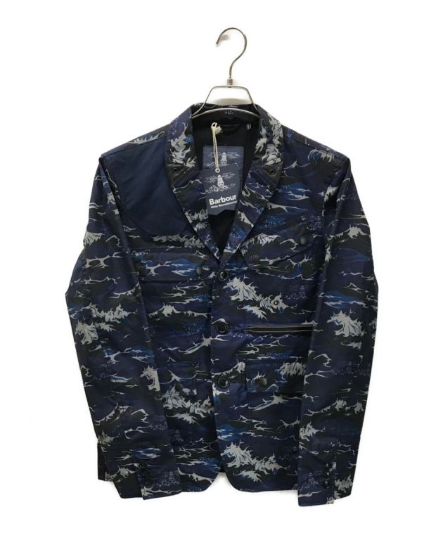 Barbour×white mountaineering (バブアー×ホワイトマウンテニアリング) WAVE PRINT LAPEL  JACKET/オイルドプリントテーラードジャケット ブルー サイズ:S 未使用品