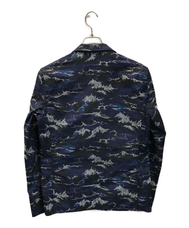 Barbour×white mountaineering (バブアー×ホワイトマウンテニアリング) WAVE PRINT LAPEL  JACKET/オイルドプリントテーラードジャケット ブルー サイズ:S 未使用品