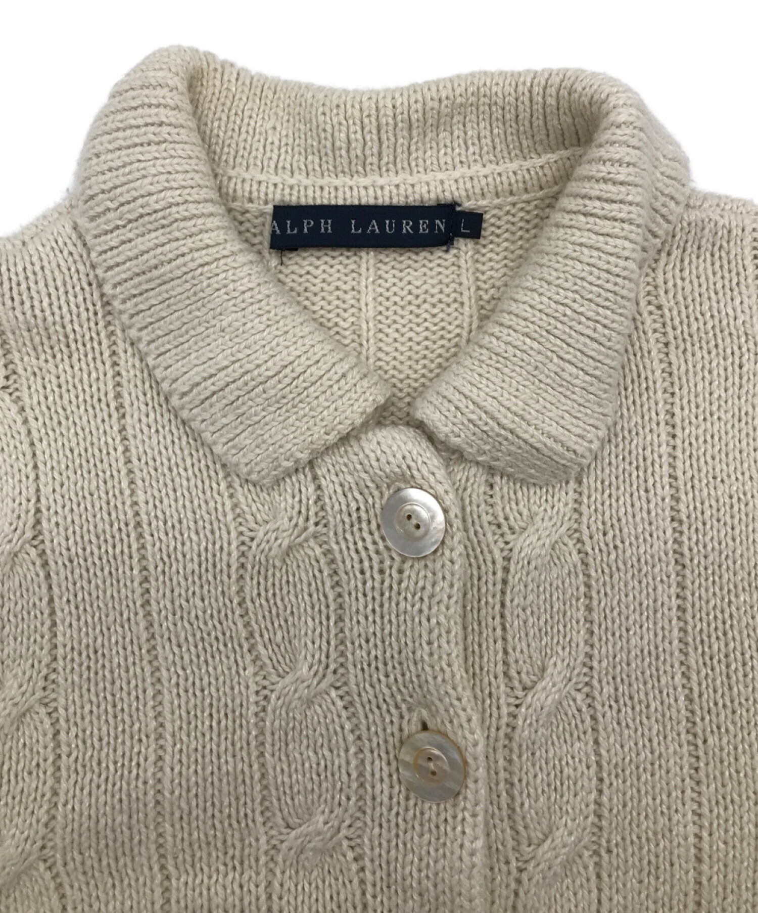 RALPH LAUREN (ラルフローレン) 襟付き半袖ニットケーブルカーディガン ベージュ サイズ:L