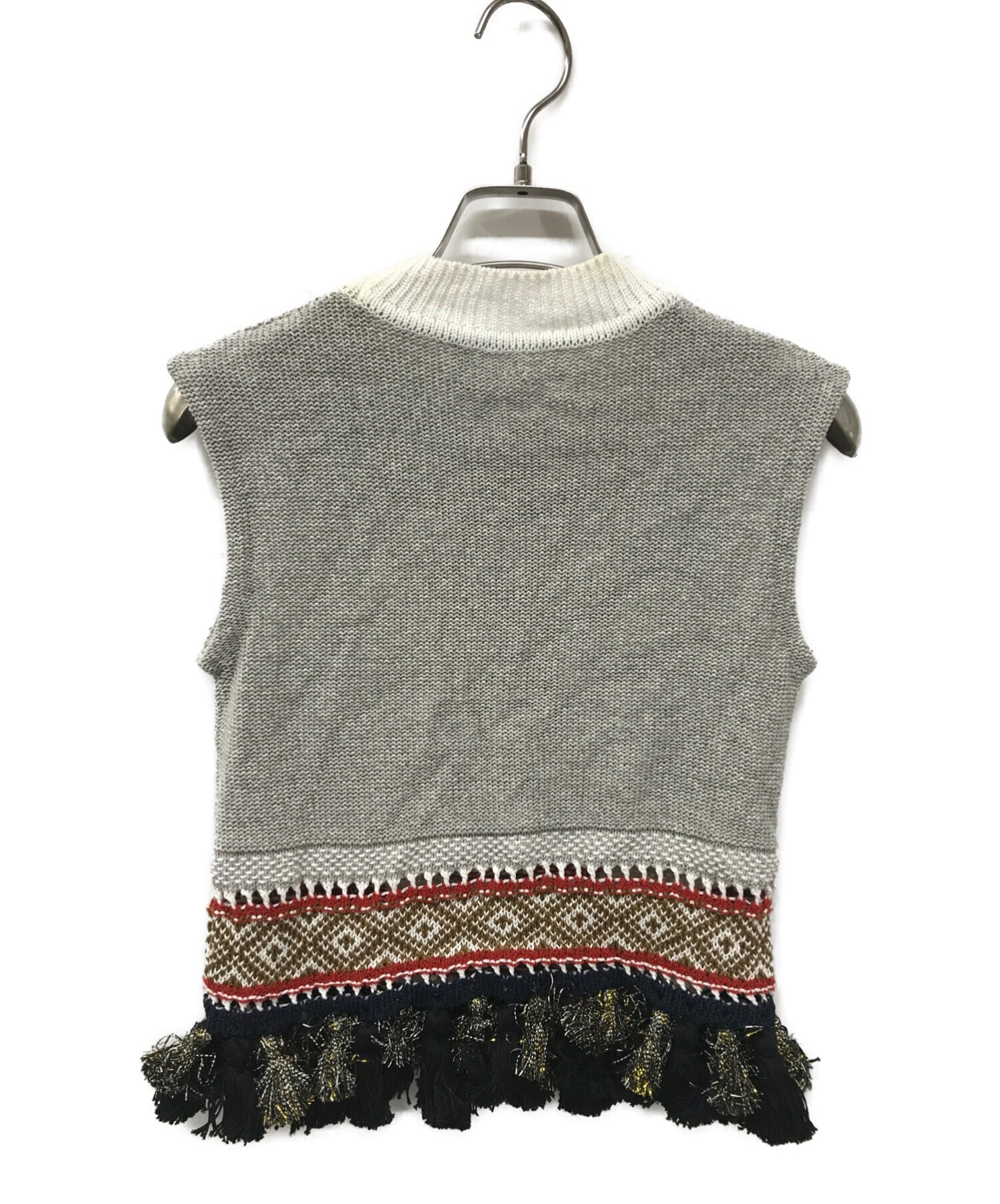 Mame Kurogouchi (マメクロゴウチ) Ethnic Pattern Sleeveless Fringe Knit  MM18SS-KN053 ニットベスト グレー サイズ:2