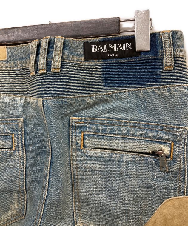 BALMAIN (バルマン) シープスキンレザーパッチクラッシュ加工バイカーデニムパンツ インディゴ サイズ:31