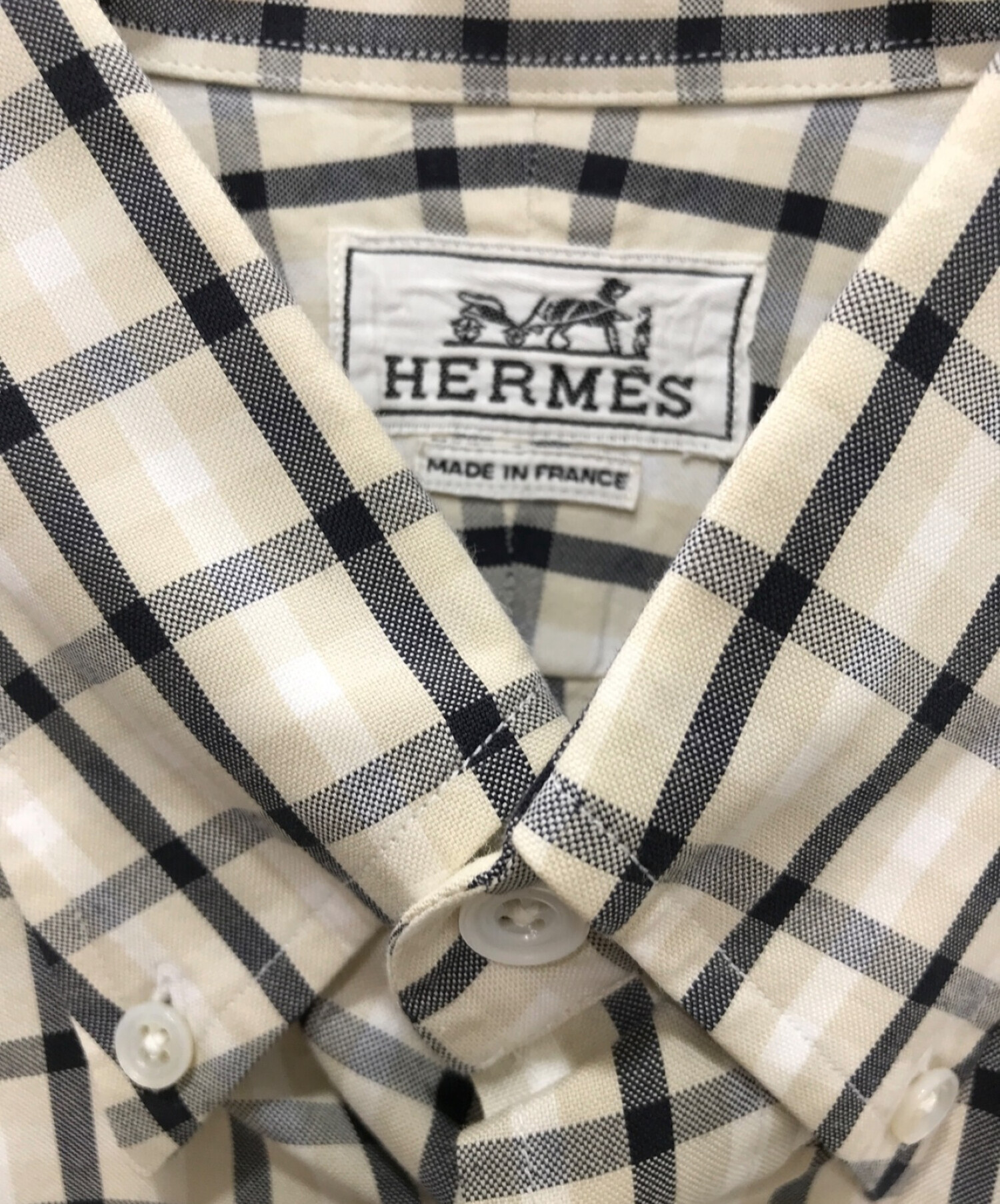 HERMES (エルメス) セリエボタンチェックBDシャツ ベージュ サイズ:16１/2（42）