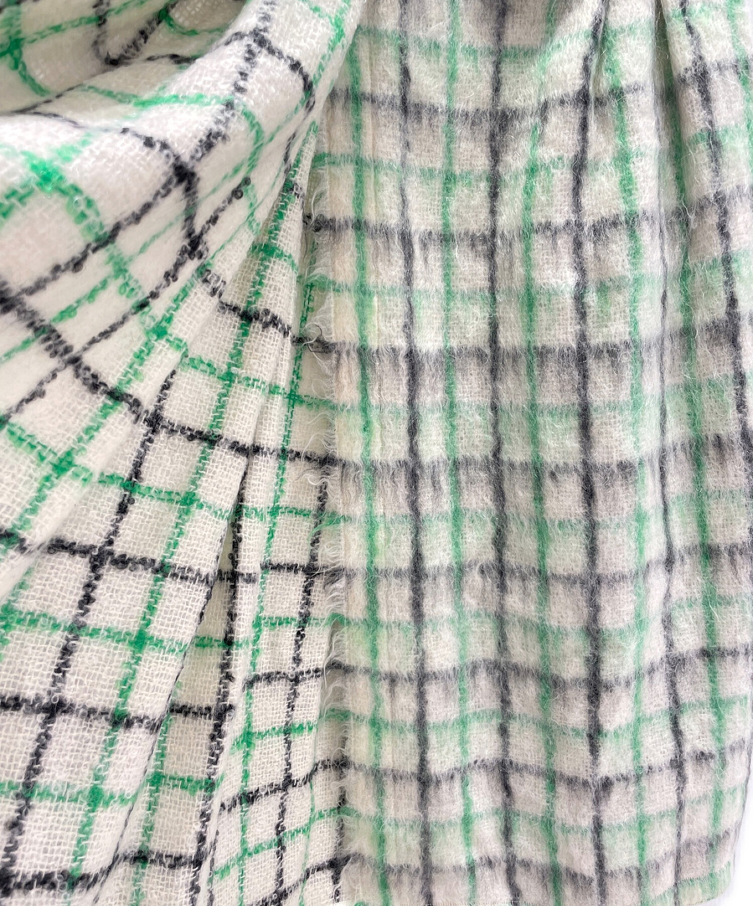BLAMINK (ブラミンク) モヘヤウールシャギーチェック ギャザースカート ホワイト×グリーン サイズ:38