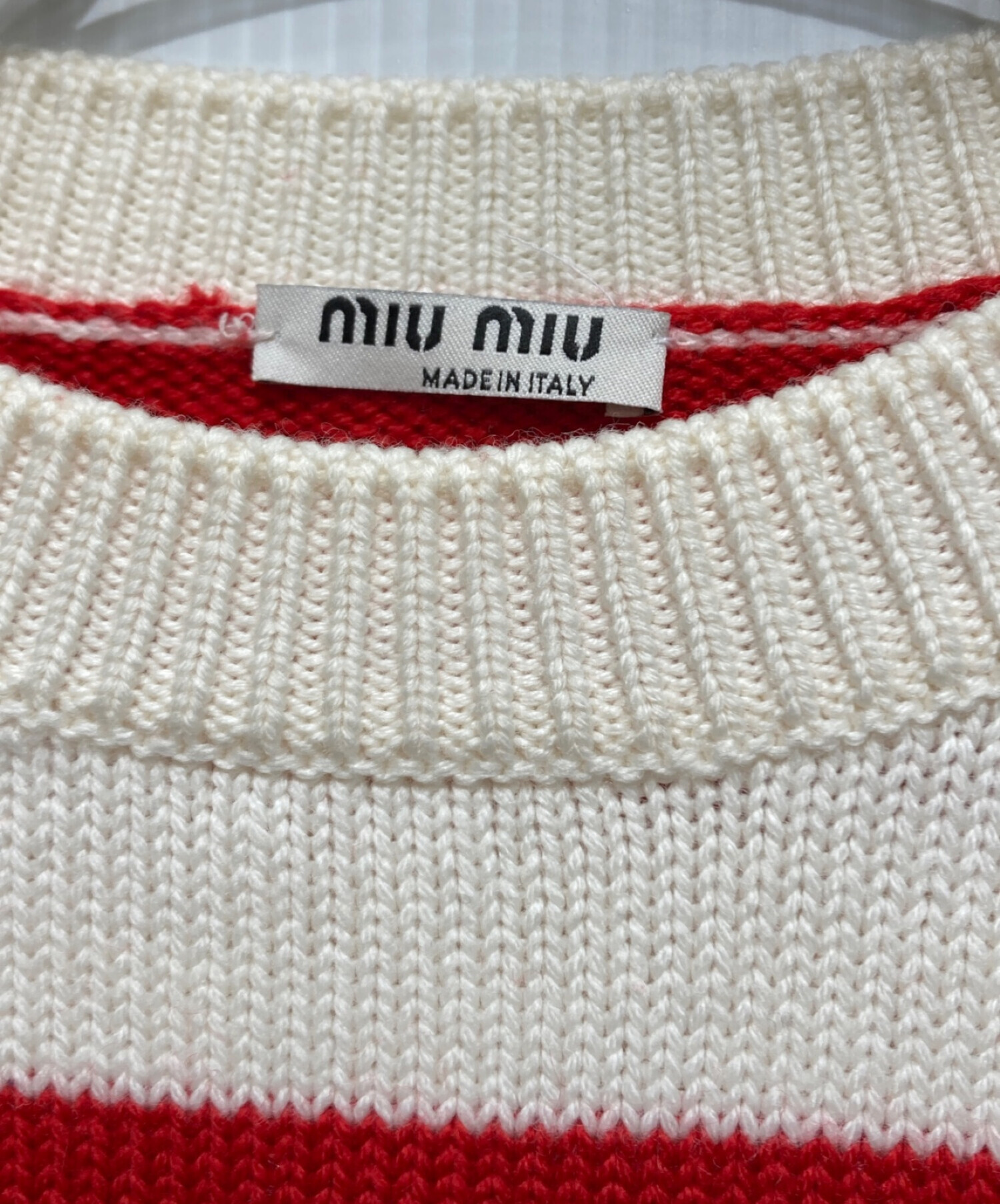 MIU MIU (ミュウミュウ) バージンウールボーダーニット レッド×ホワイト サイズ:38
