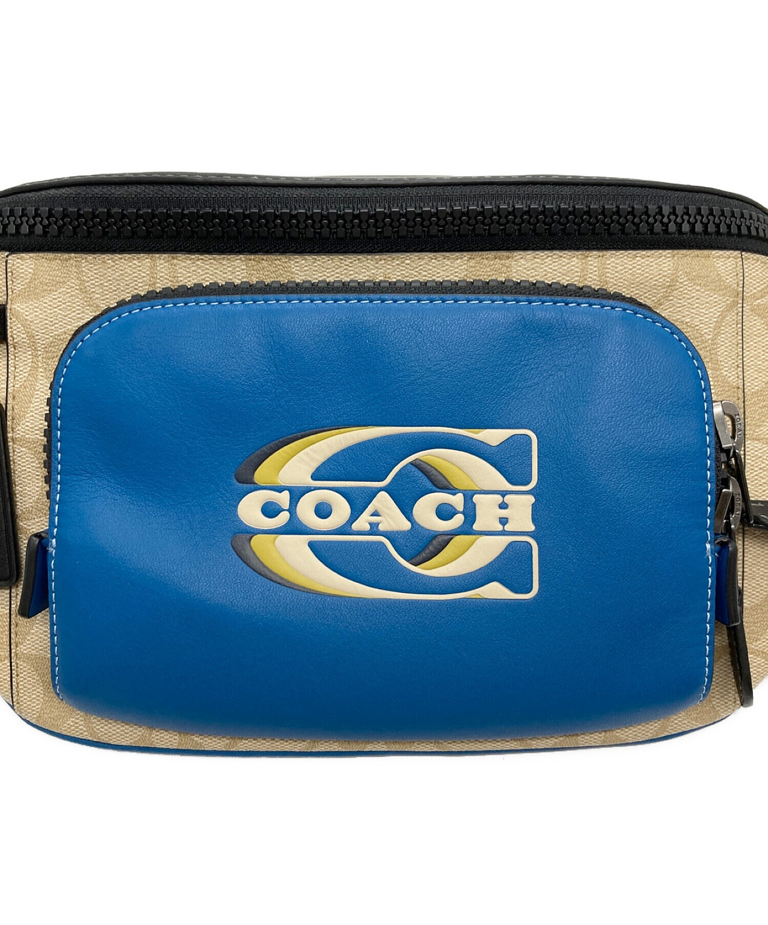 COACH (コーチ) トラック ベルト バッグ・カラーブロック シグネチャー キャンバス・コーチ スタンプ ベージュ×ブルー