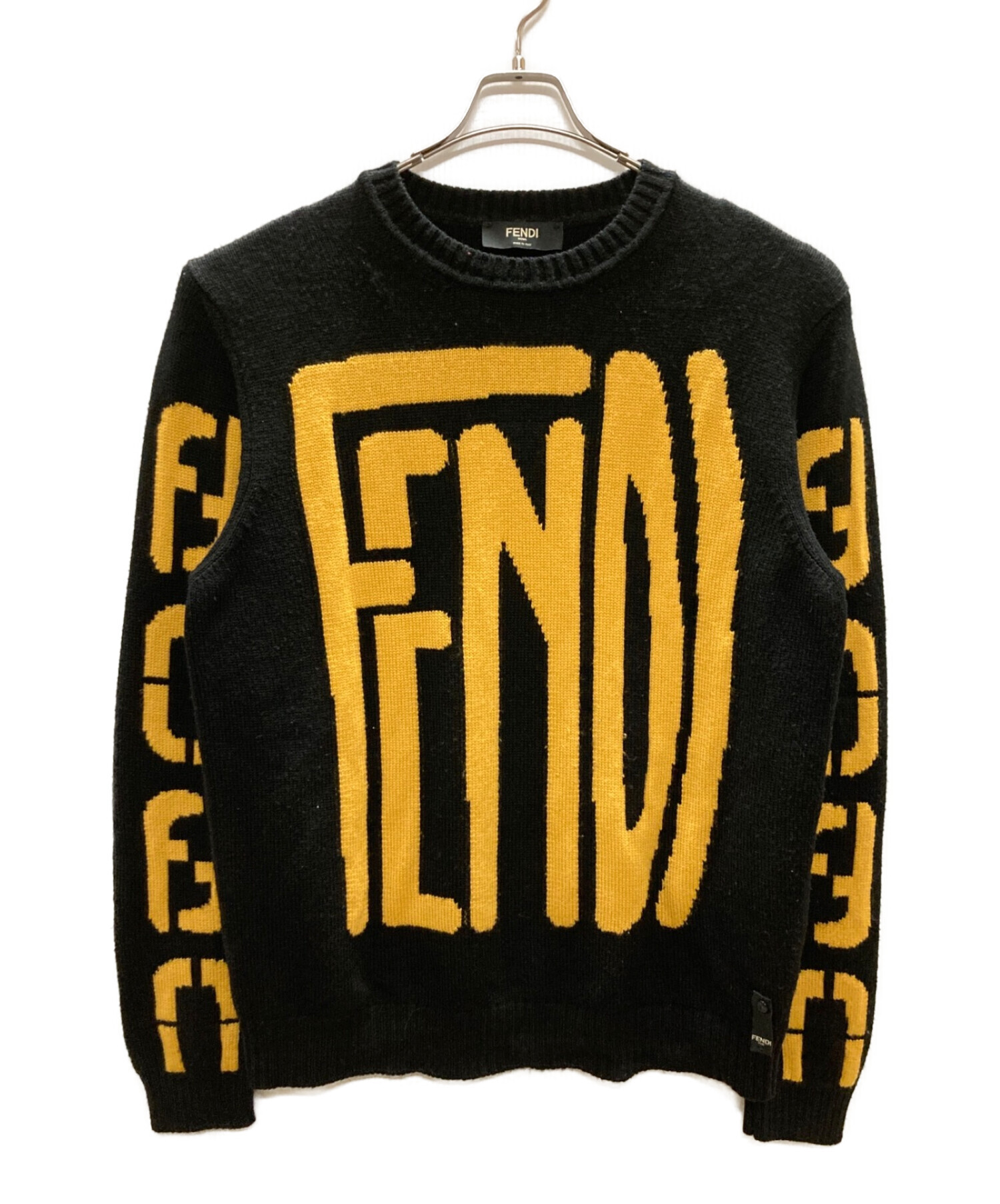 FENDI (フェンディ) ビッグ ロゴ クルーネック ニット セーター ブラック サイズ:52