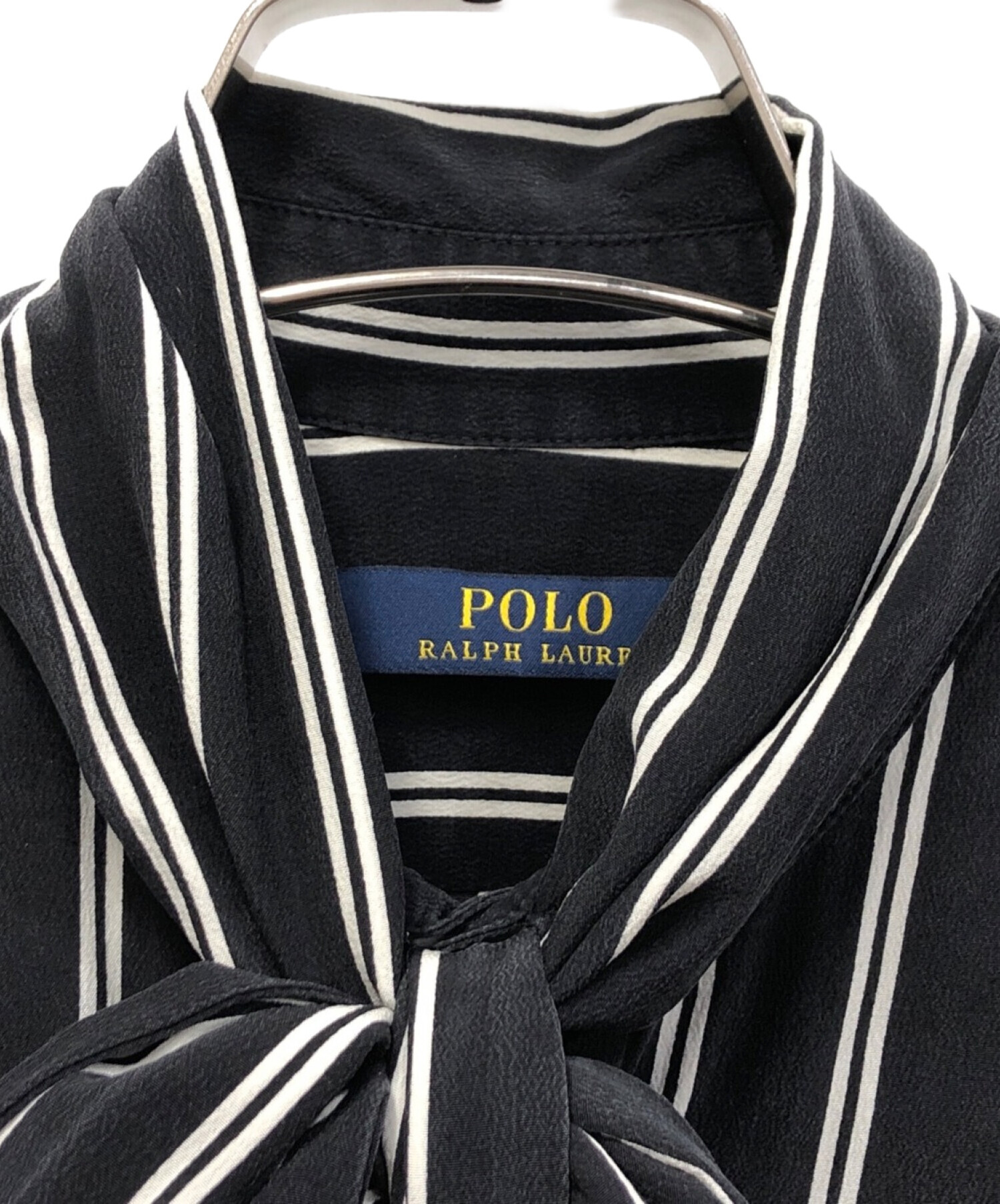 POLO RALPH LAUREN (ポロ・ラルフローレン) ストライプボウタイシルクシャツワンピース ブラック サイズ:2