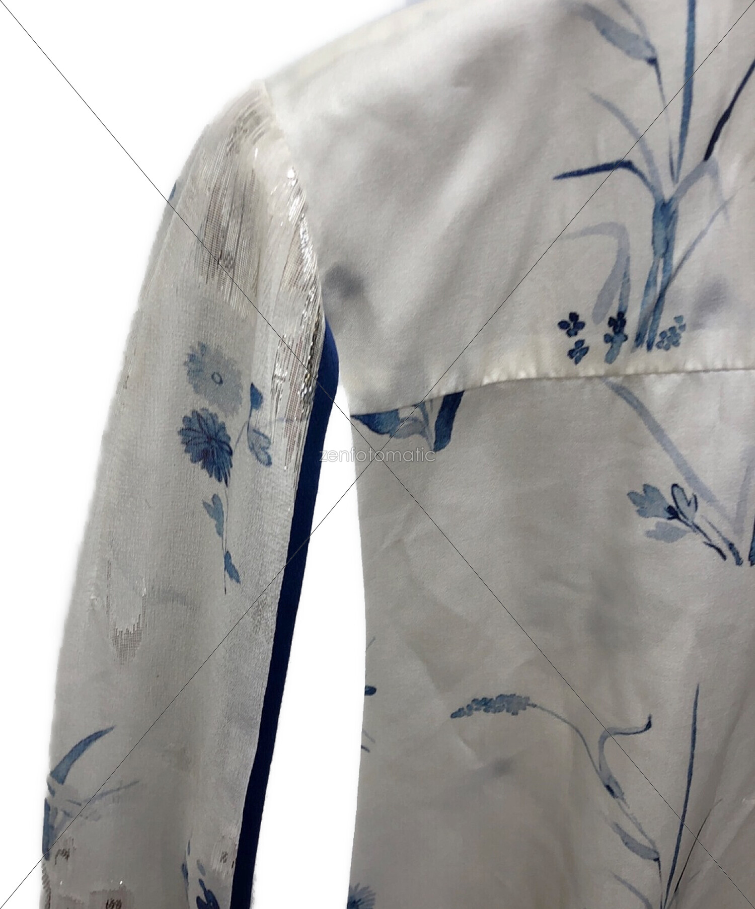 Mame Kurogouchi (マメクロゴウチ) silk lame print sleeves shirt(シルクラメプリントスリーブシャツ)  ブルー×ホワイト サイズ:1