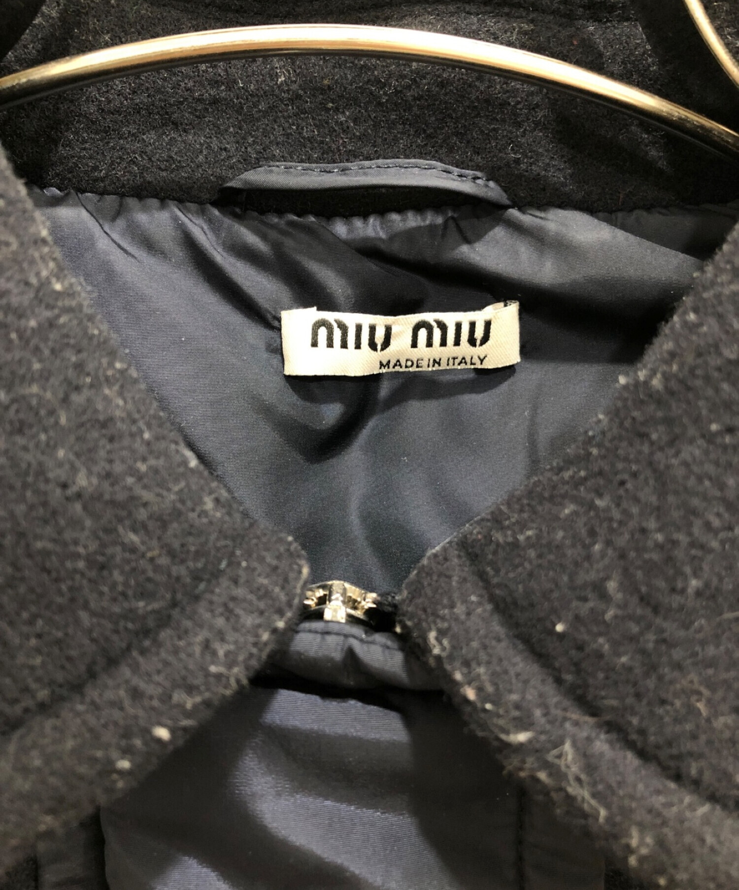 MIU MIU (ミュウミュウ) ウールフーデッドショート丈ダウンジャケット ネイビー サイズ:40