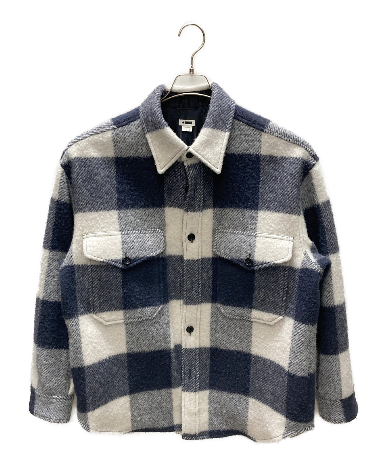 H BEAUTY&YOUTH (エイチ ビューティアンドユース) FLUFFY CHECK BIG CPO  JACKET/フラフィーチェックビッグCPOジャケット ネイビー×ホワイト サイズ:L