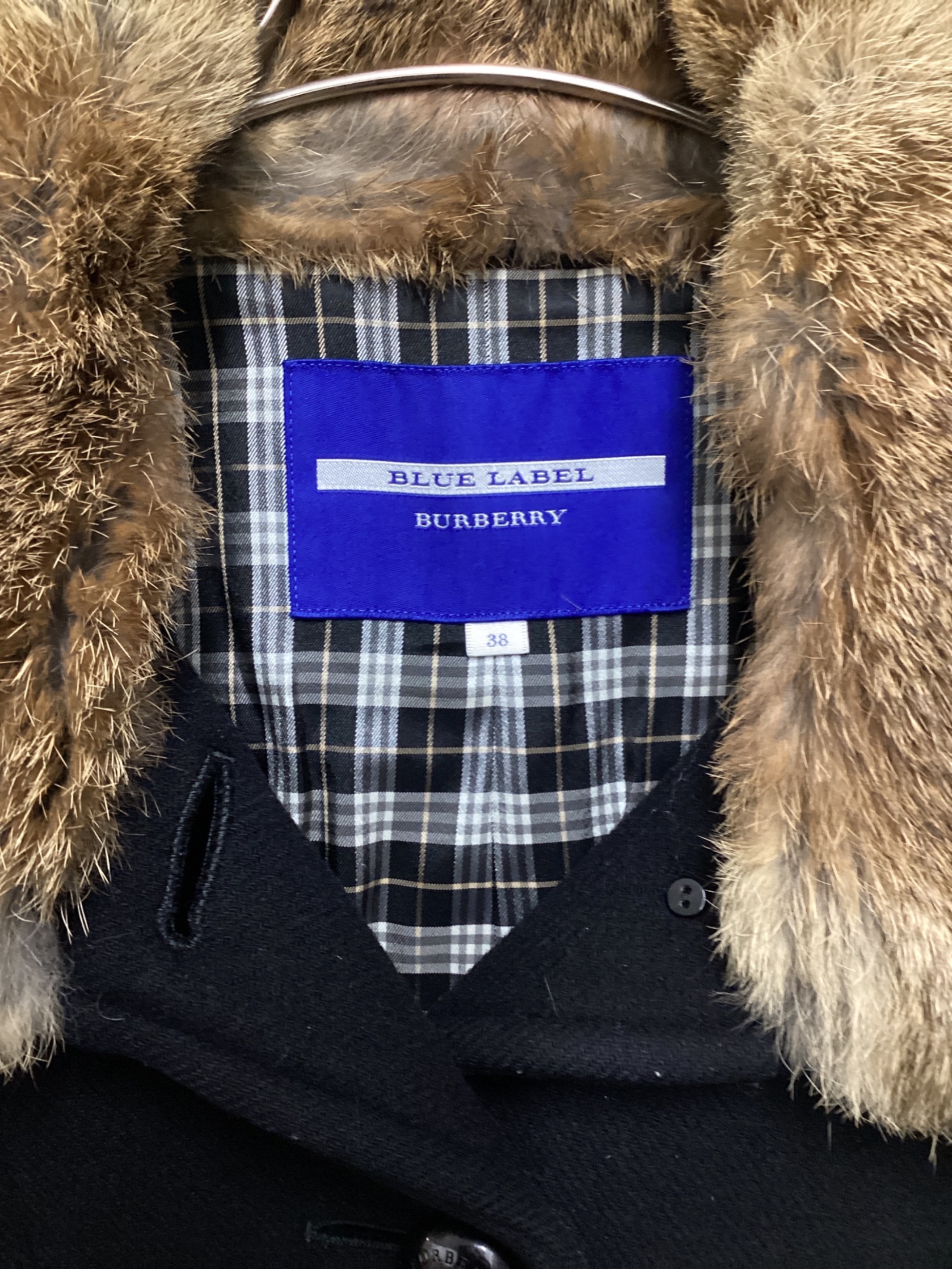 BURBERRY BLUE LABEL (バーバリーブルーレーベル) ラビットファー付ウールコート ブラック サイズ:38